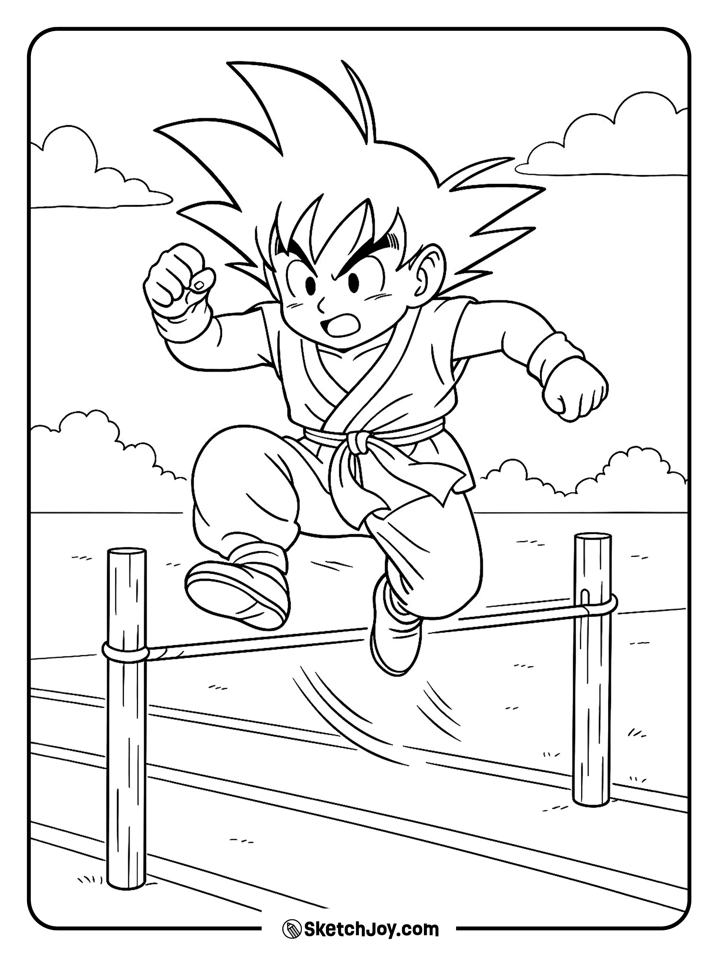 Goku jumps high with knees up and a focused grin.