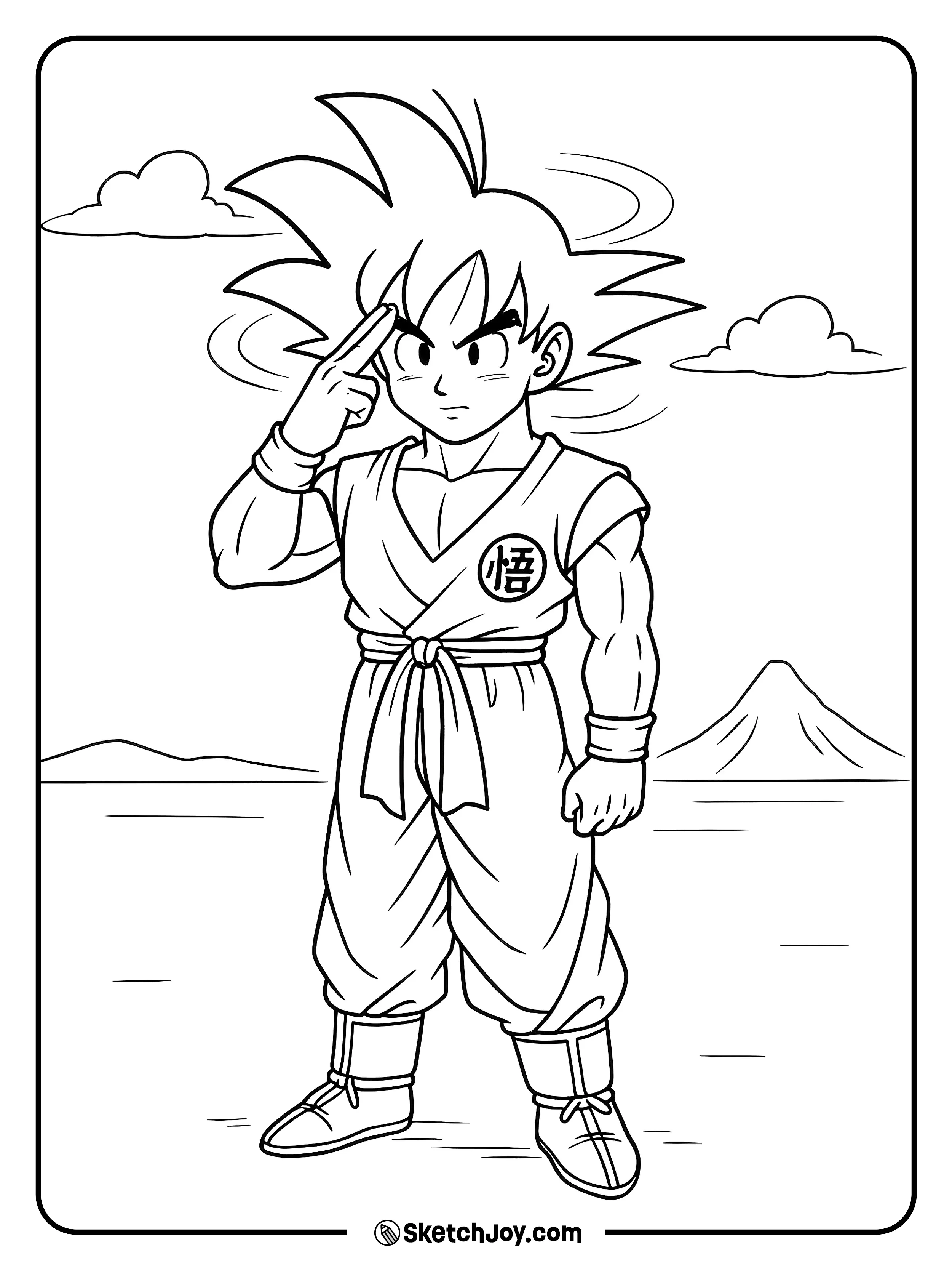 Goku touches his forehead, ready to warp, with a quiet sky.