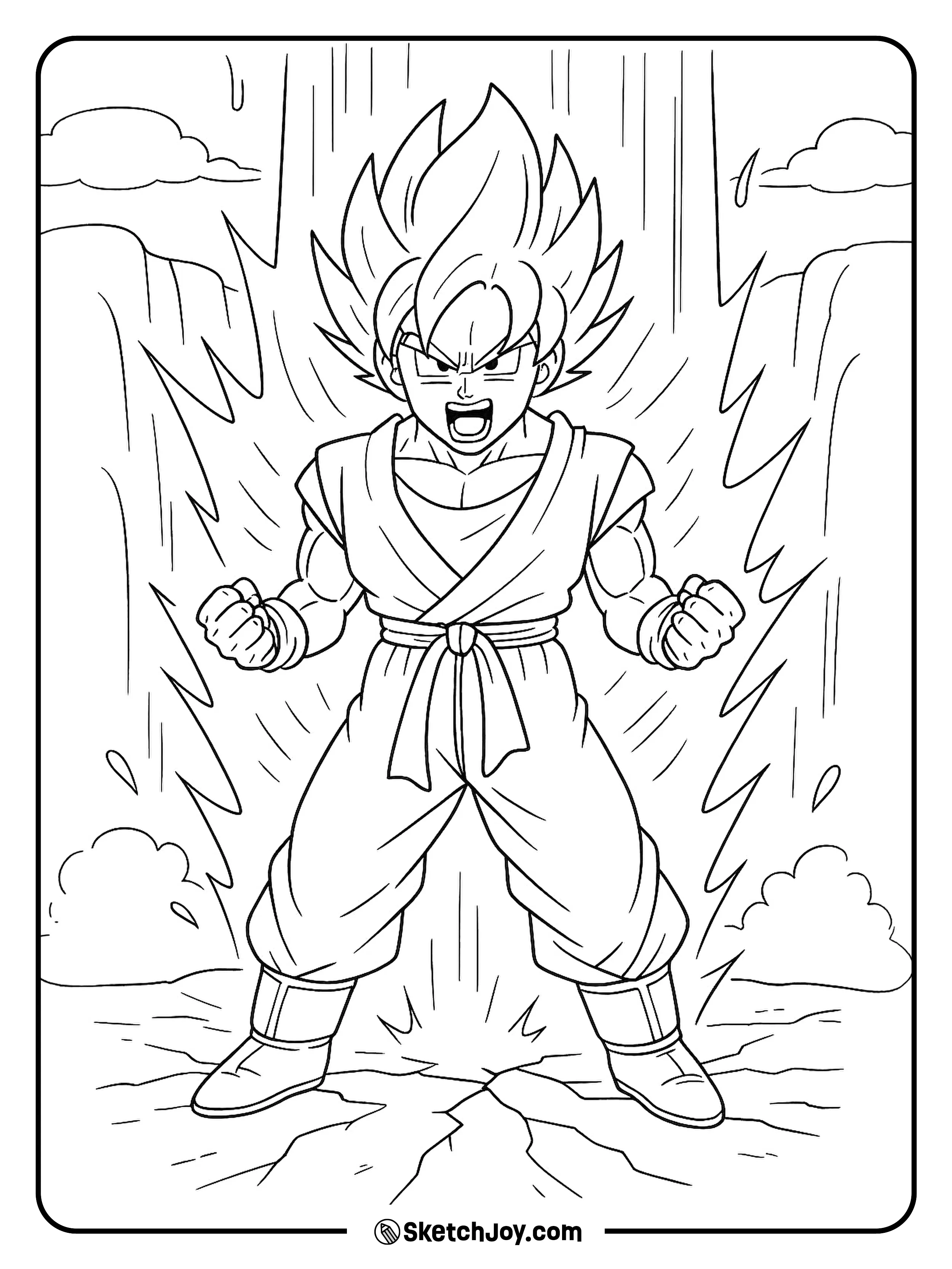 Goku powers up near a tall waterfall and spray.