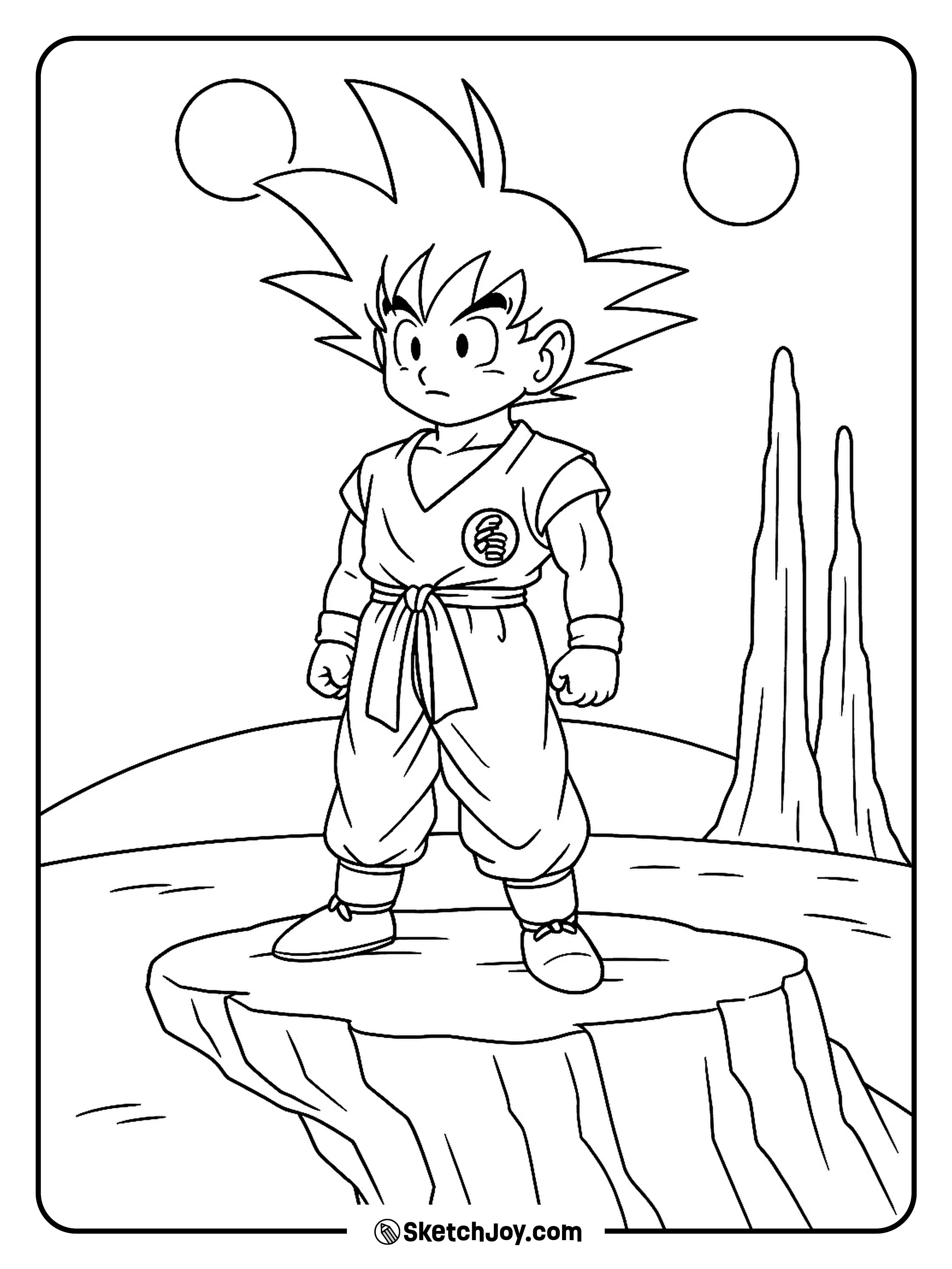 Goku looks over odd rocks and a round horizon.