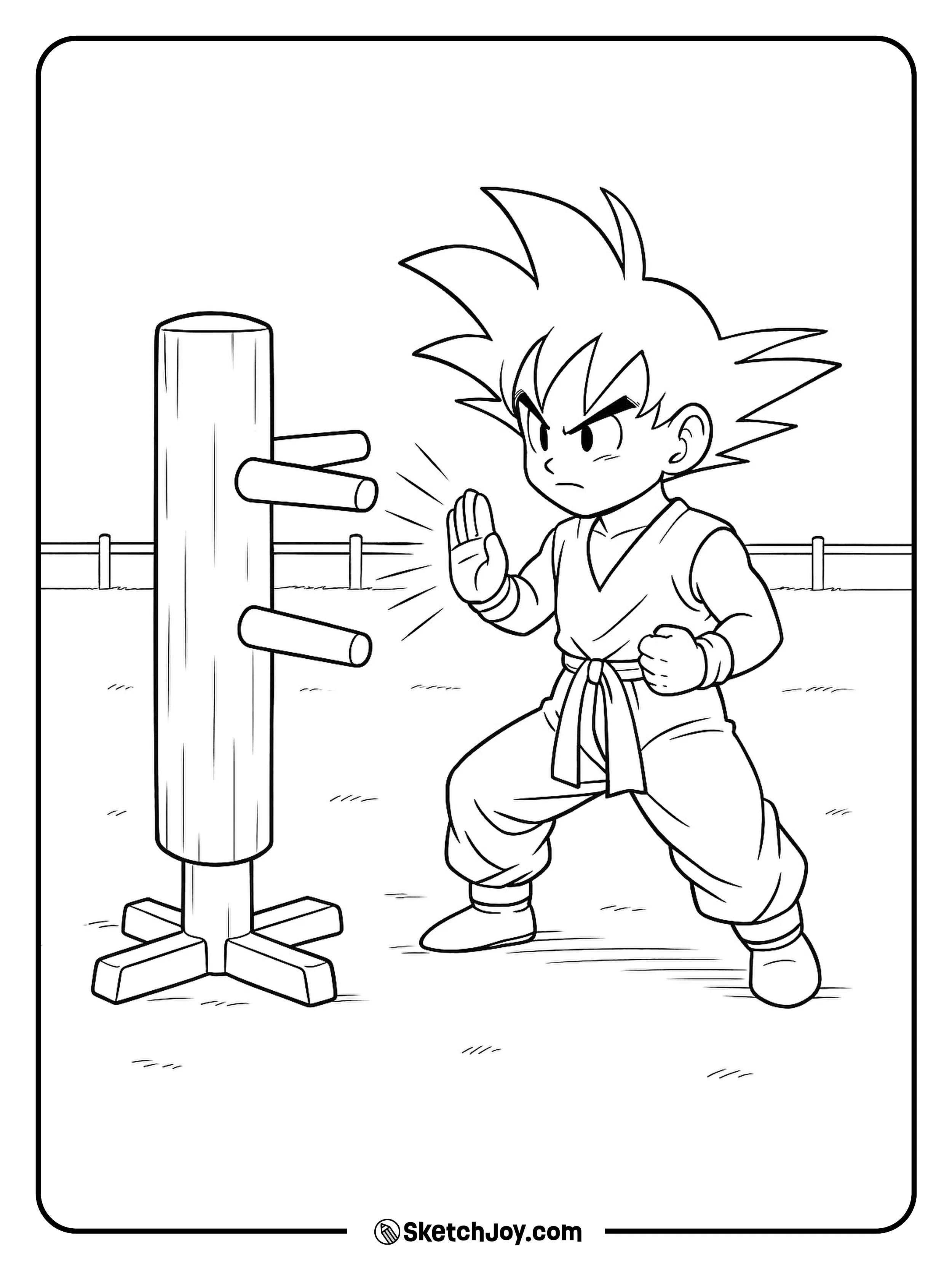 Goku trains with open palm strikes at a wooden dummy.