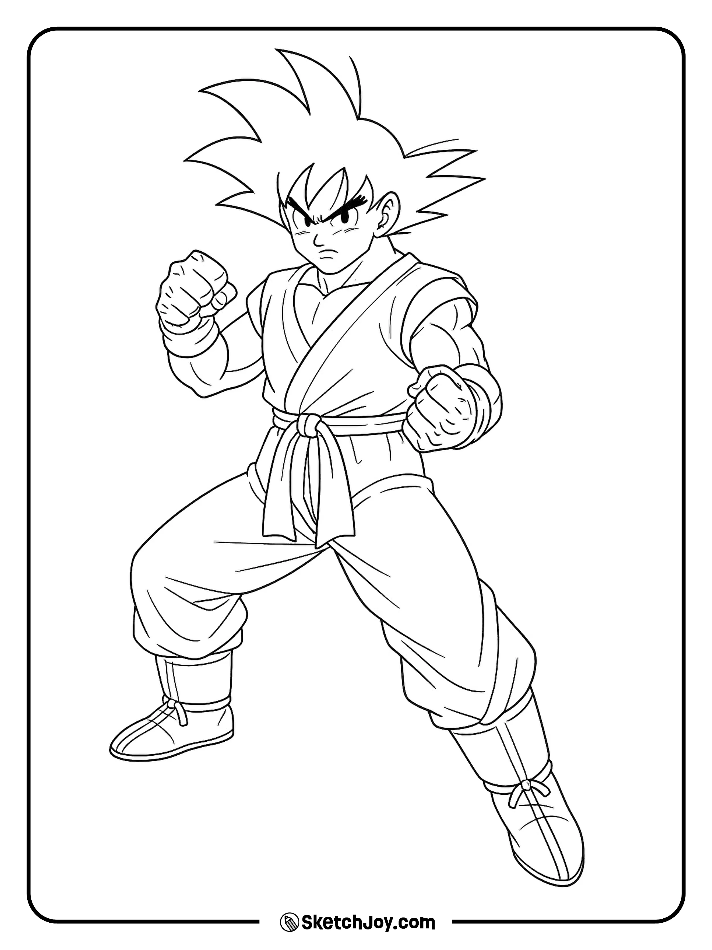 Goku stands with one fist forward and a sharp look.