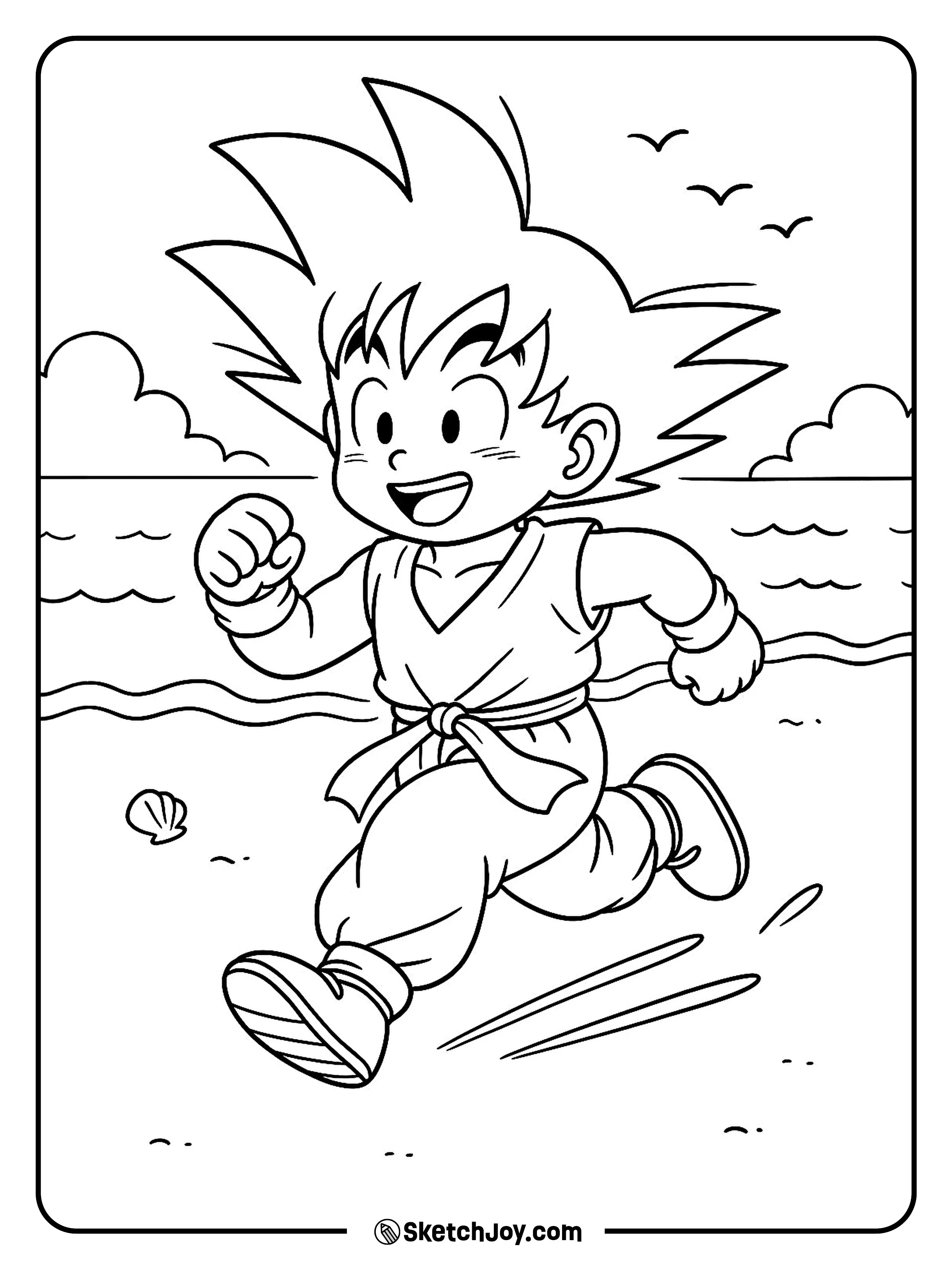 Goku runs by the sea with foam lines at his side.
