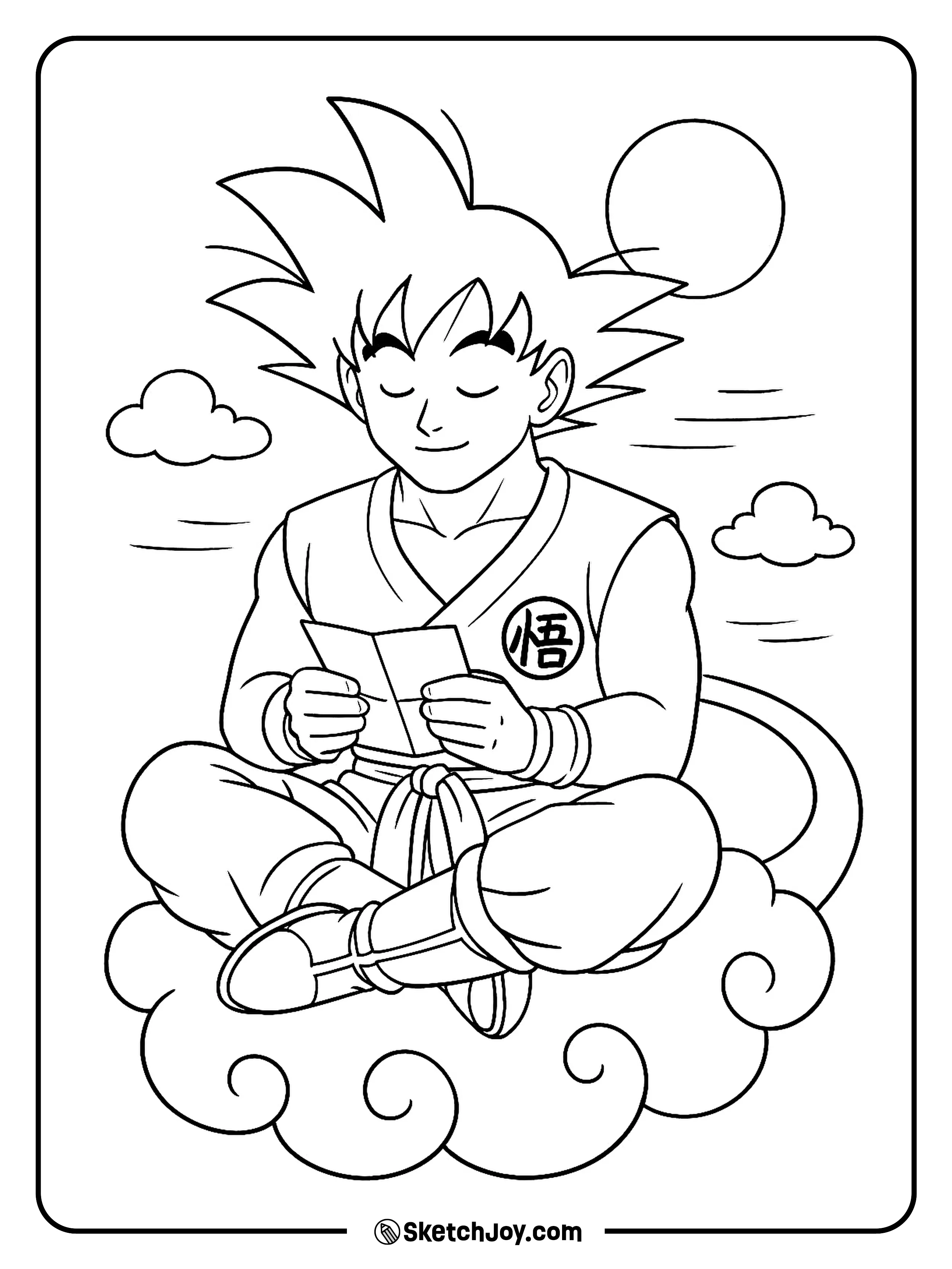 Goku sits cross-legged on Nimbus reading a small note.