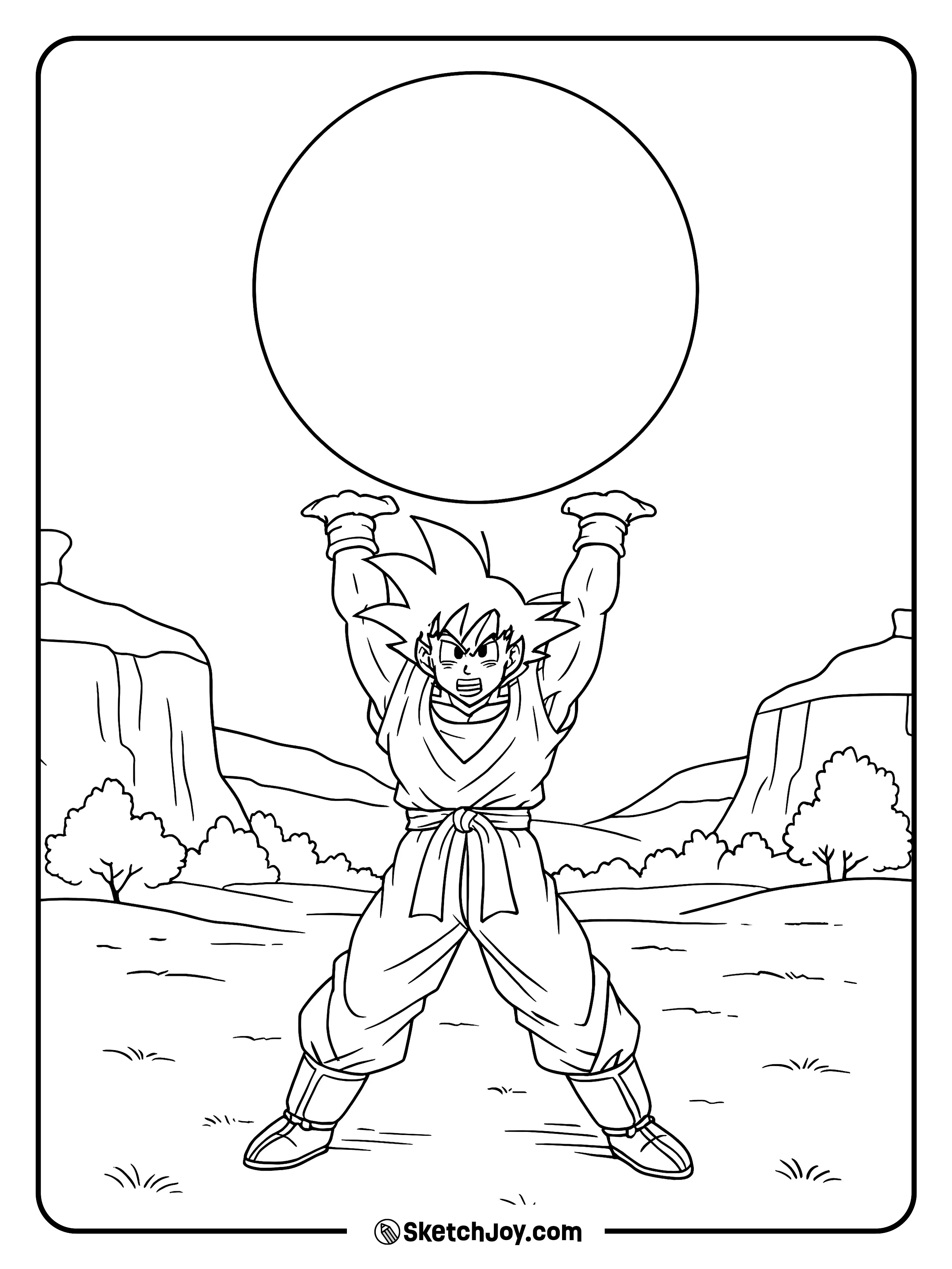Goku lifts his arms to form a huge energy ball above a valley.