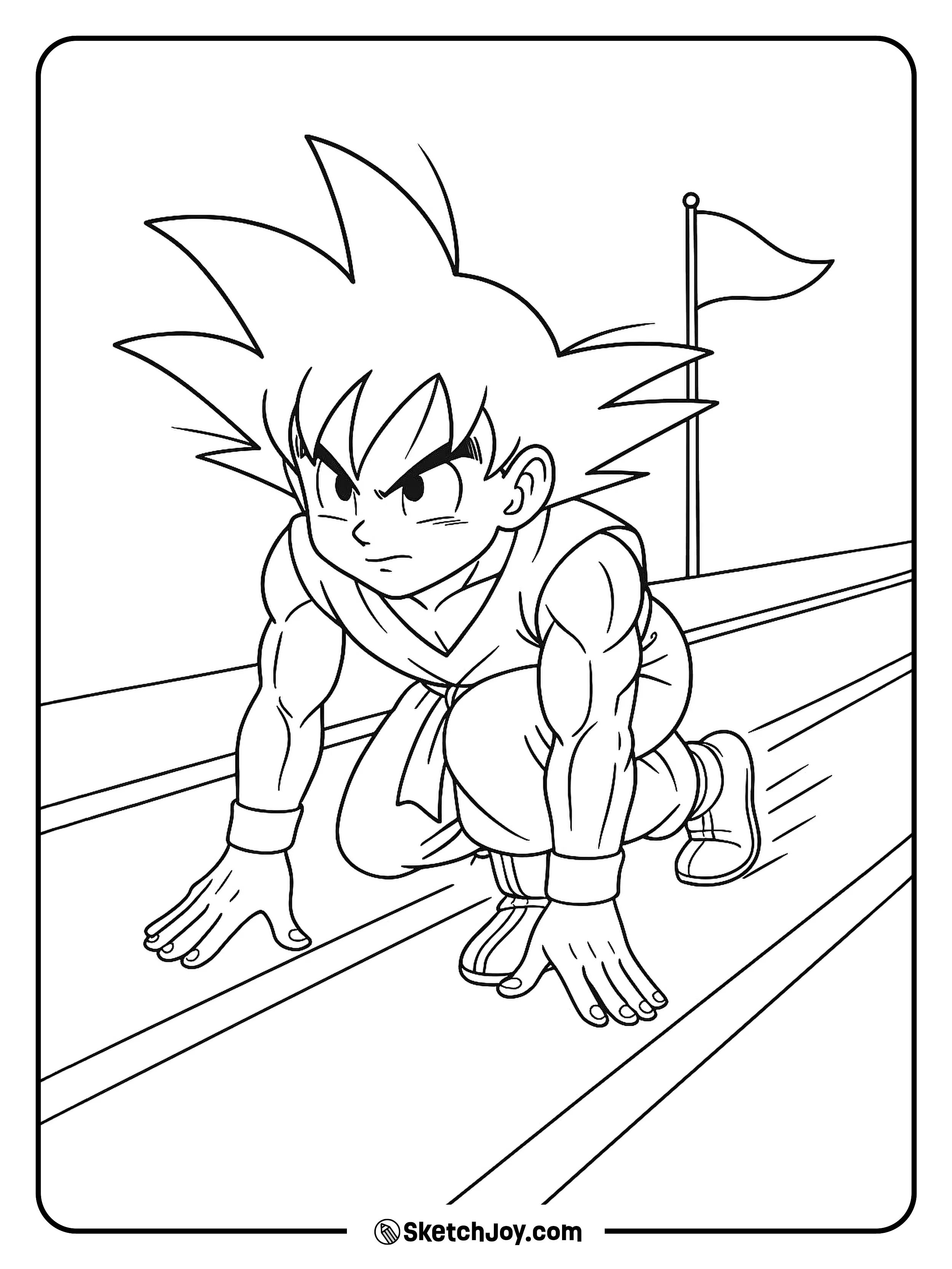 Goku crouches at the line and grins before the run.