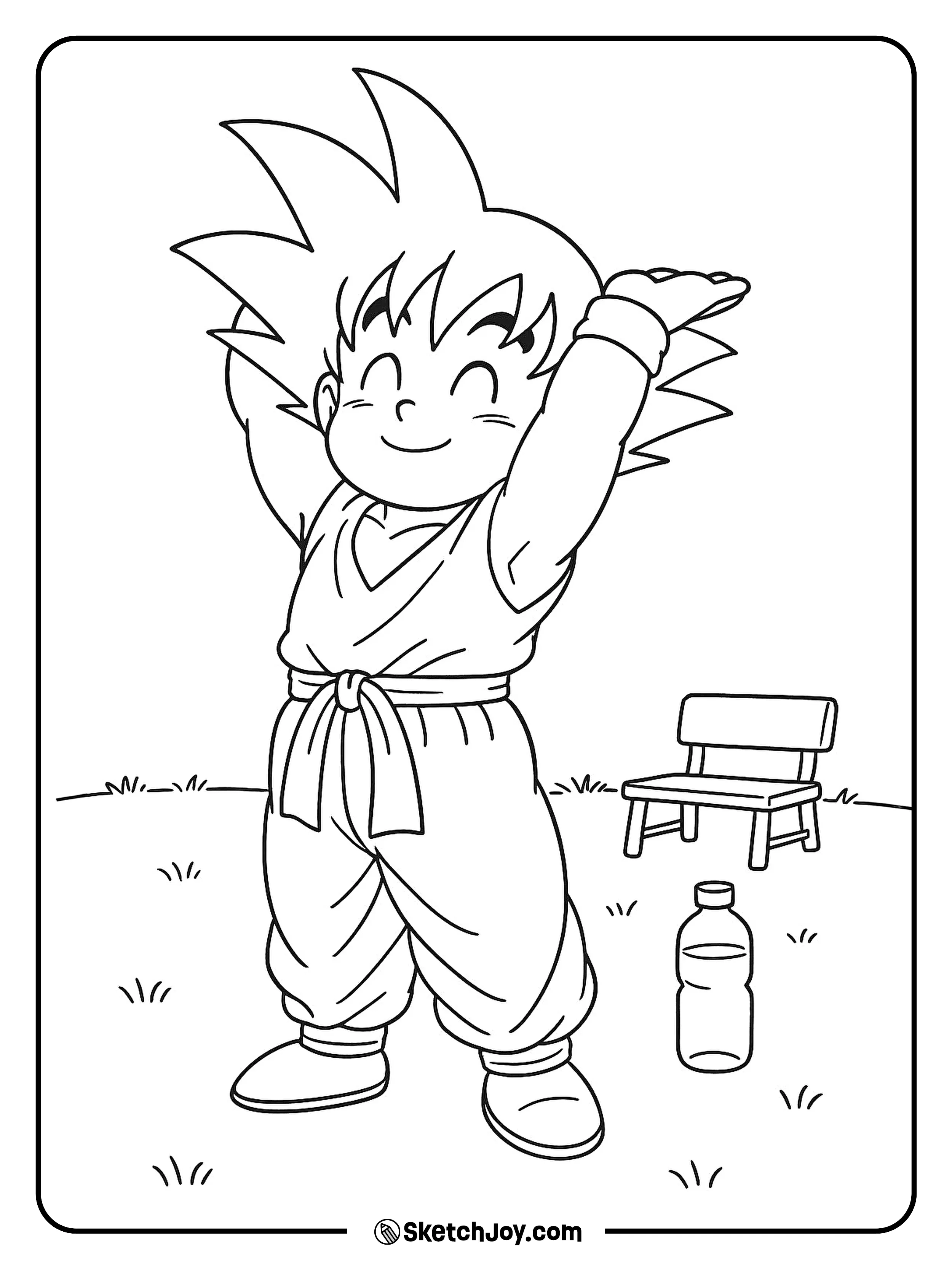 Goku stretches his arms with a small smile.