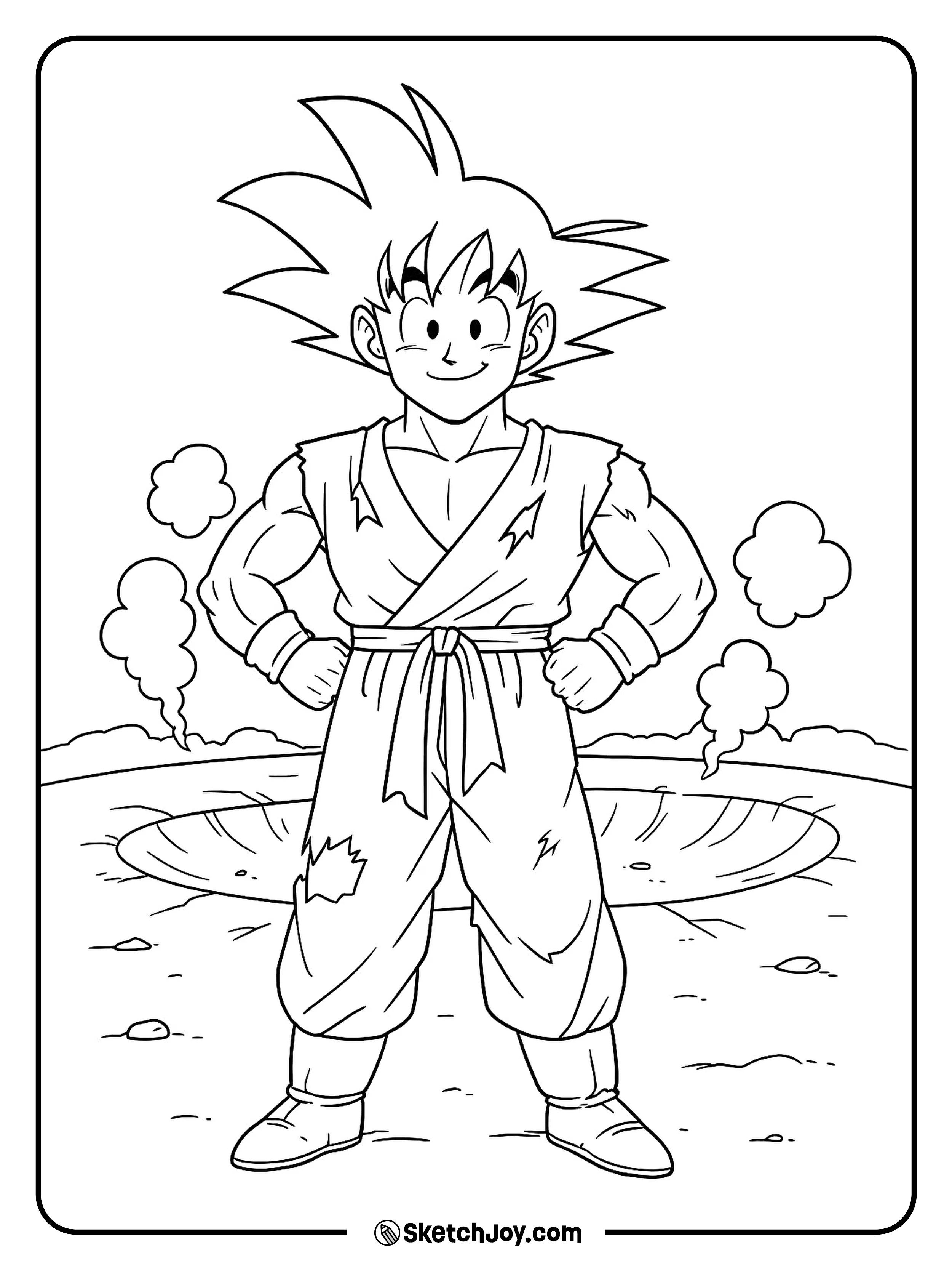 Goku stands tired but smiling with a torn sleeve.