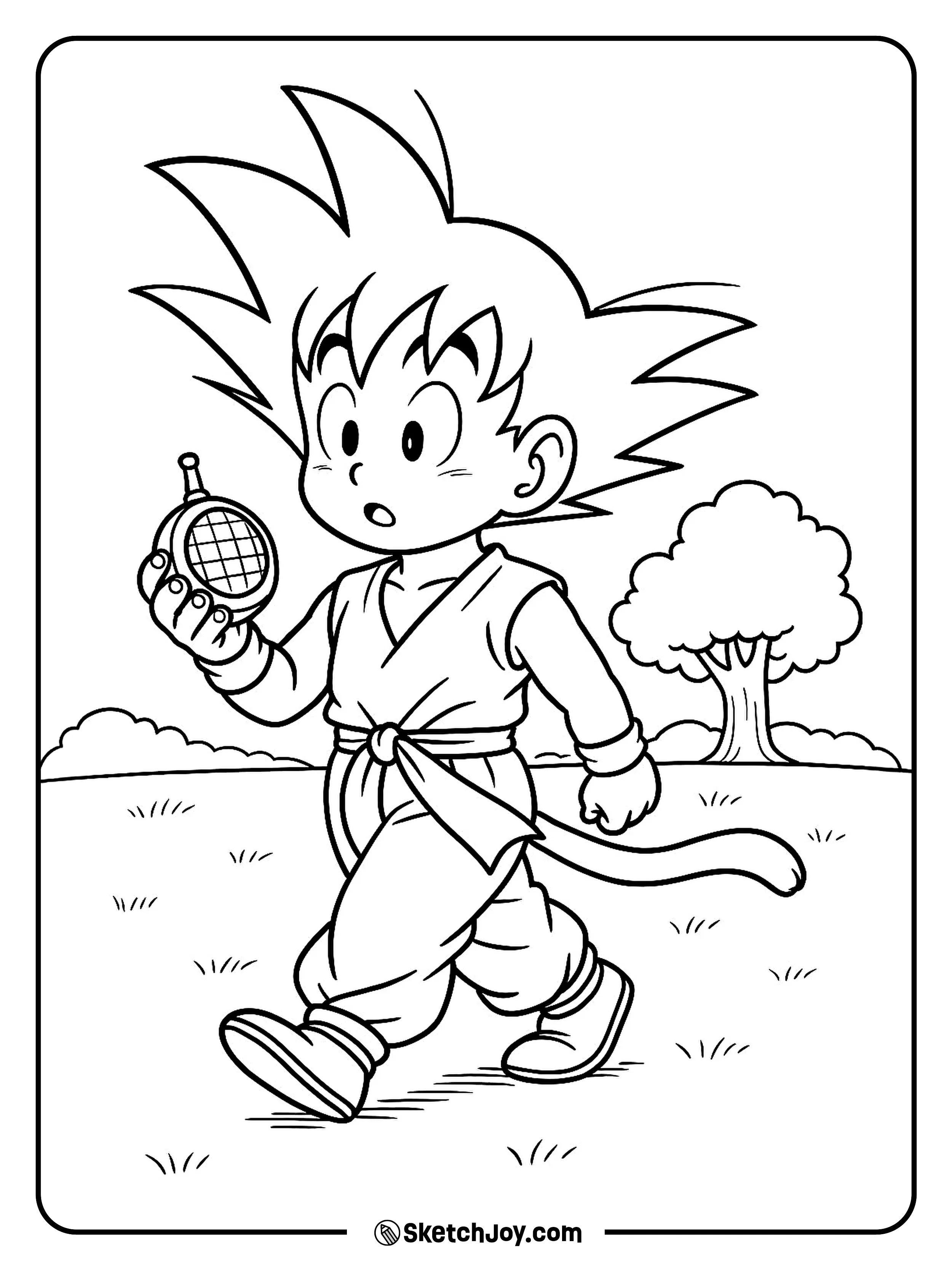 Goku checks a small device while walking across a plain.