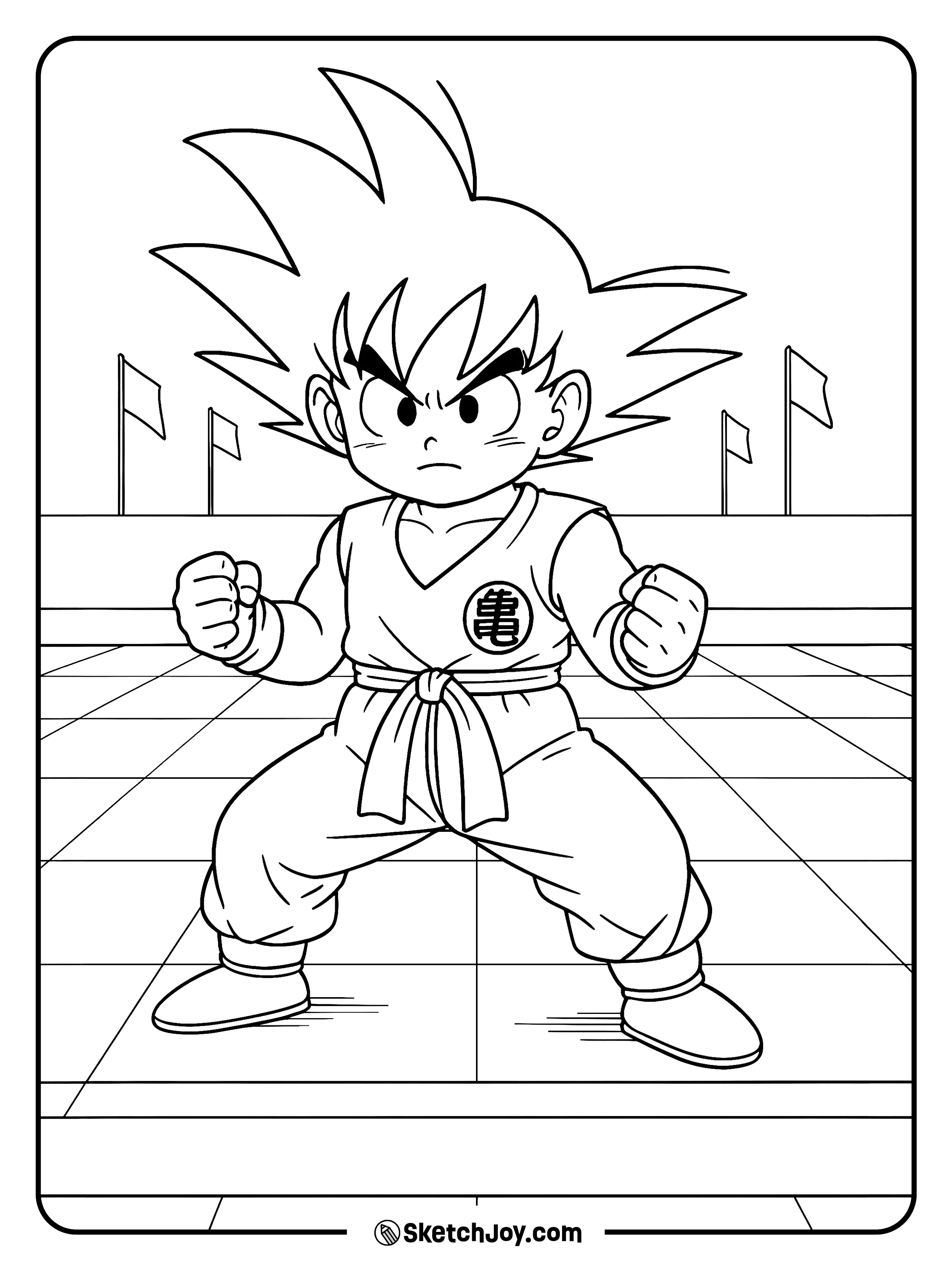 Goku squares up on a tiled ring with a focused look.