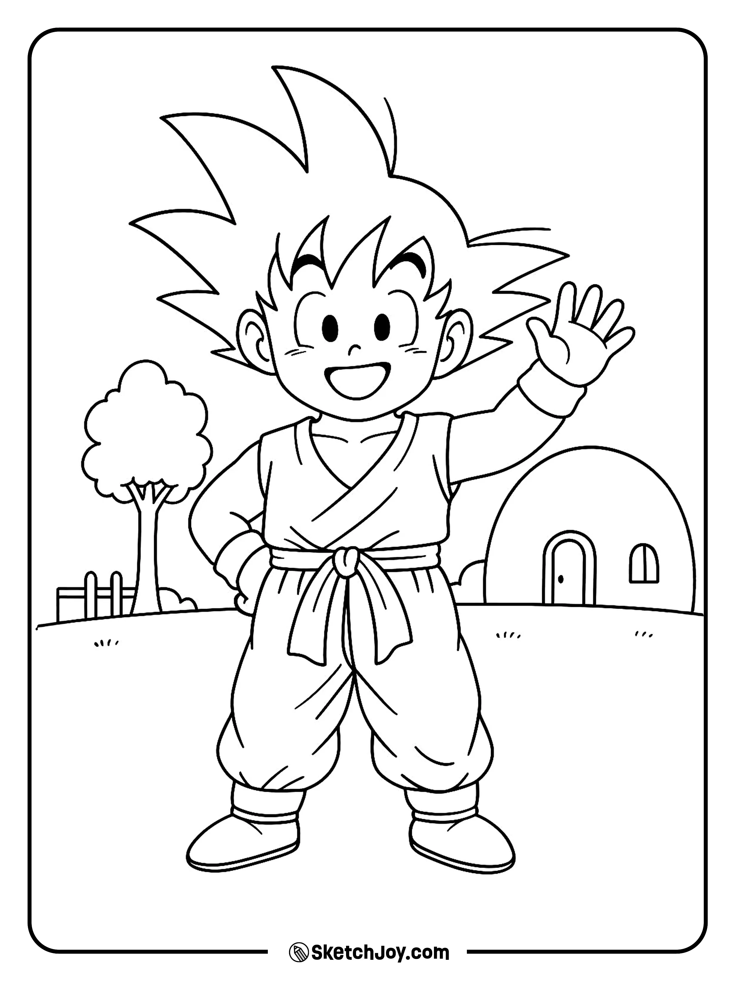 Goku waves in a yard with a dome house behind him.