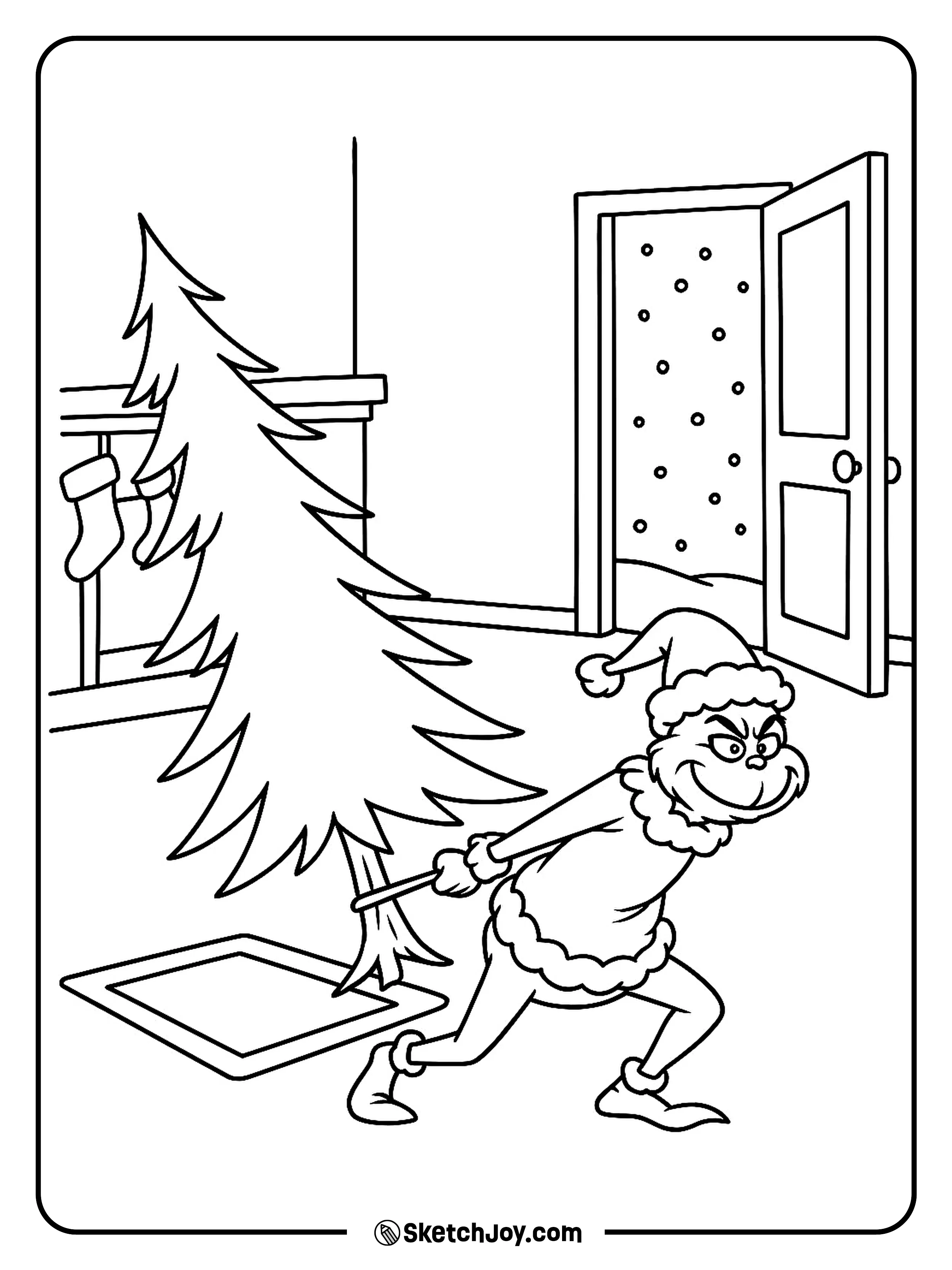 The Grinch drags a tall tree toward the door, trying not to be seen.