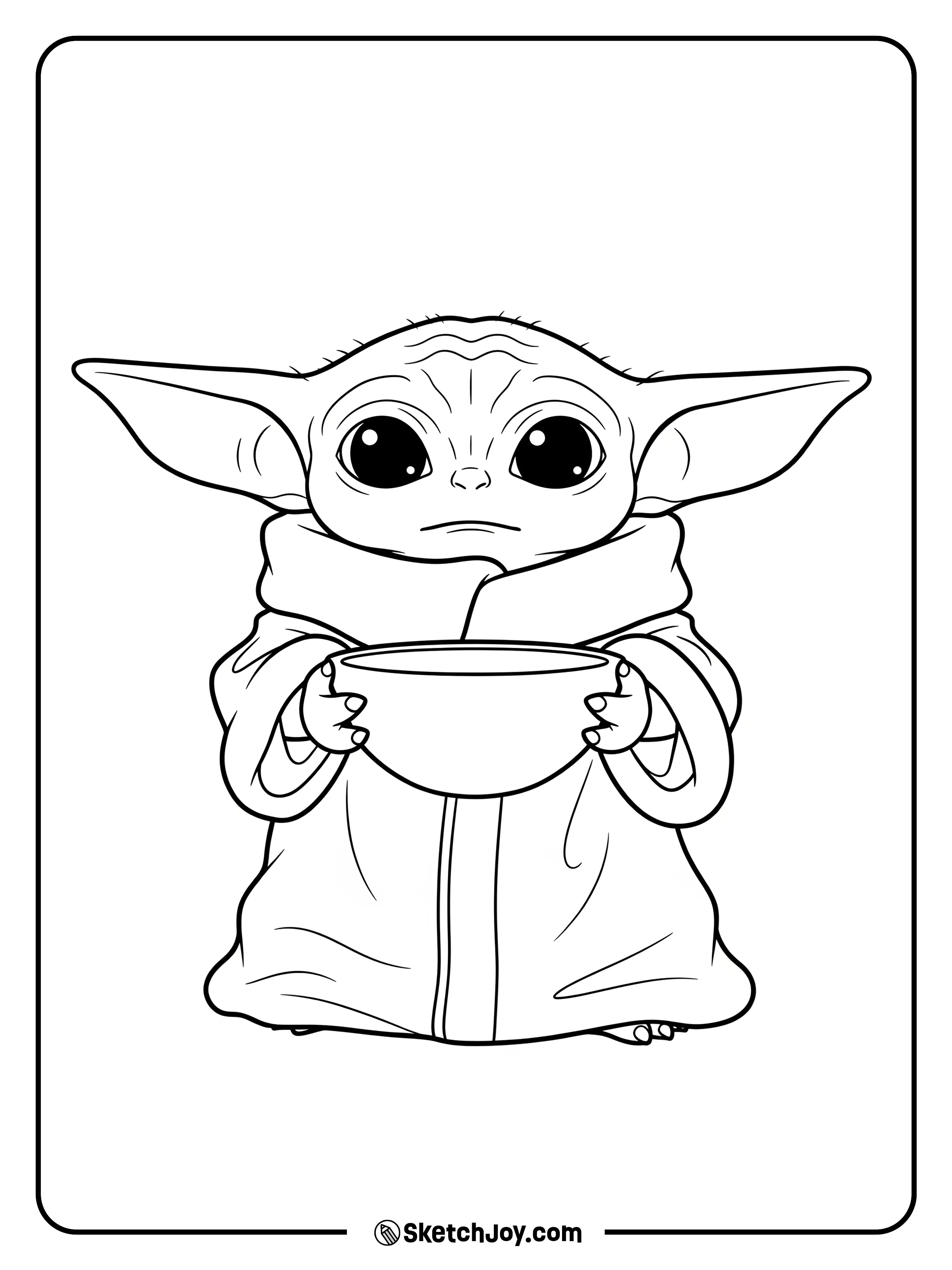 Cute Grogu holding a small bowl and looking up.