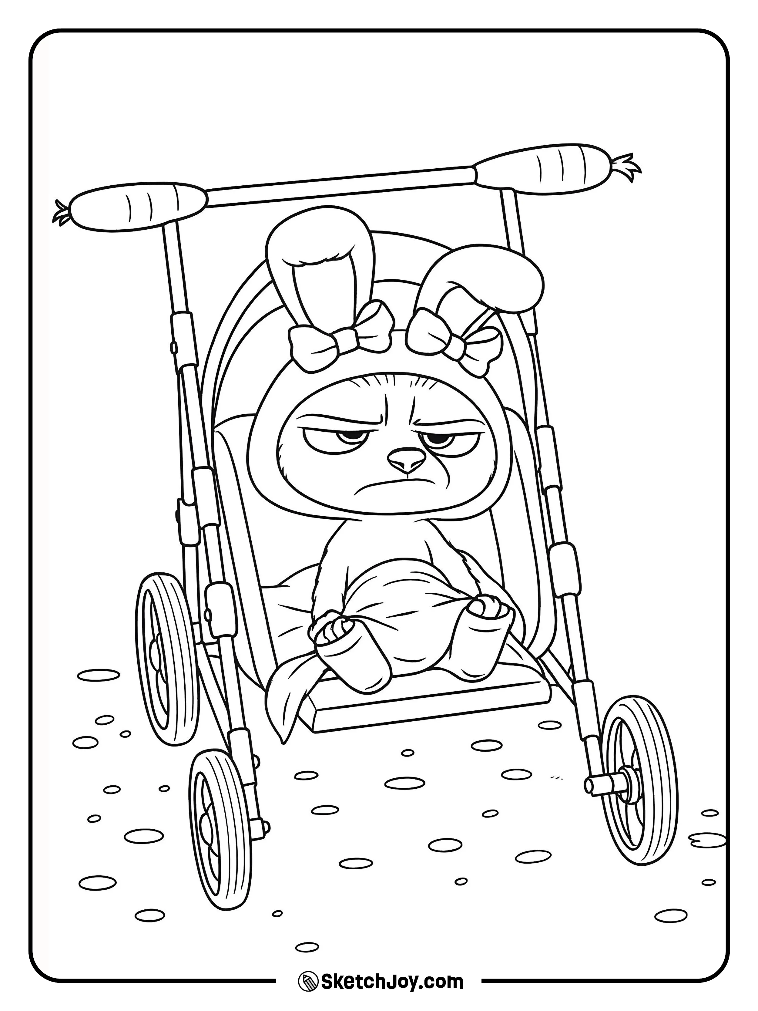 A grumpy baby from Zootopia 2 sits in a stroller wearing a bunny hood with bows.