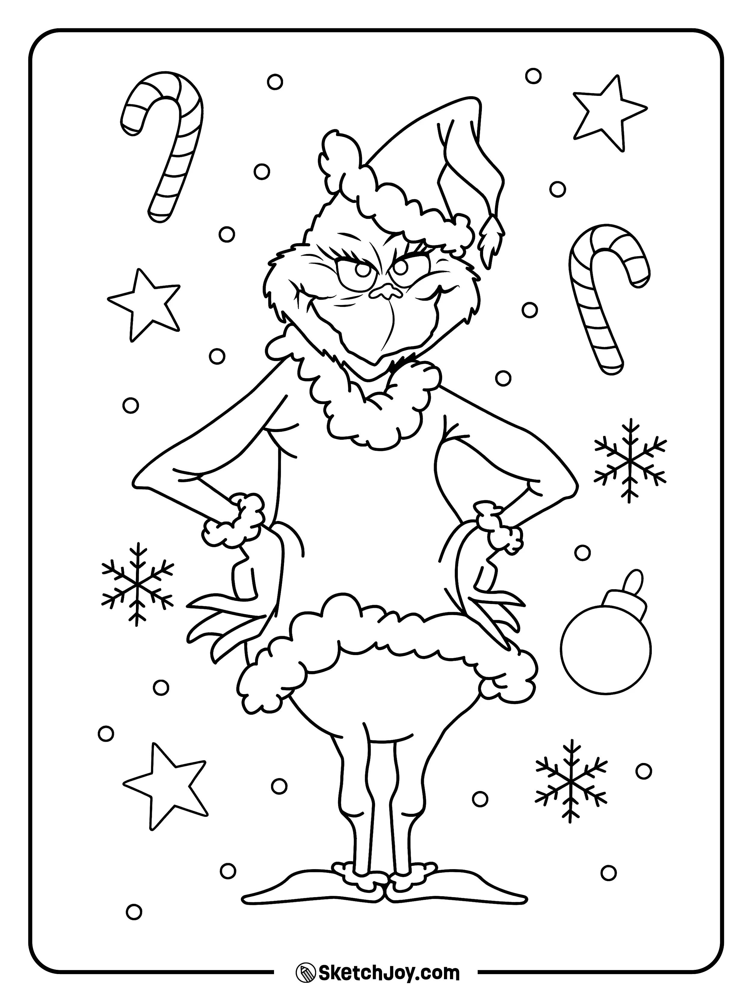 Grumpy Grinch stands with hands on hips.