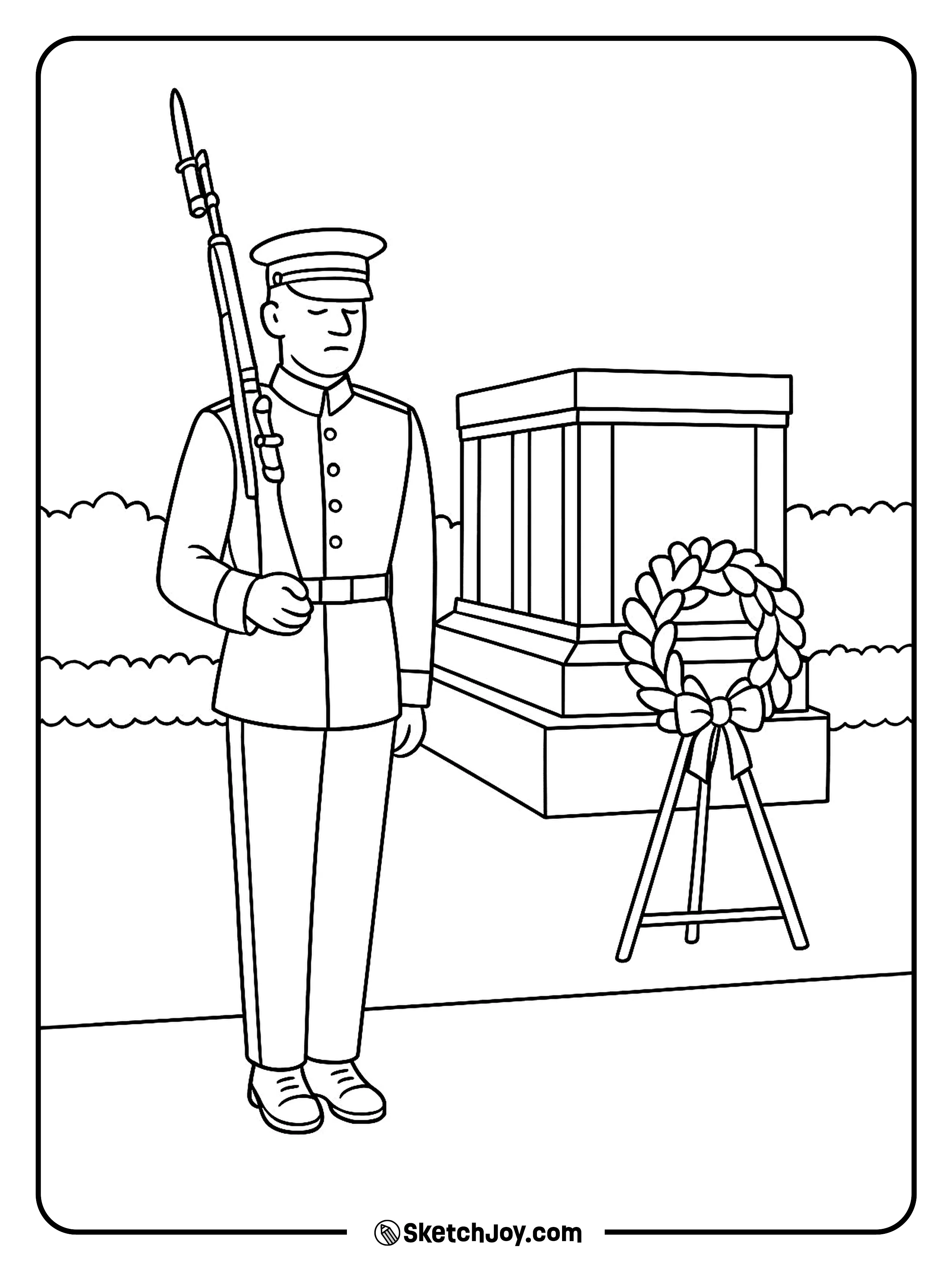 A guard stands with respect by a U.S. tomb.