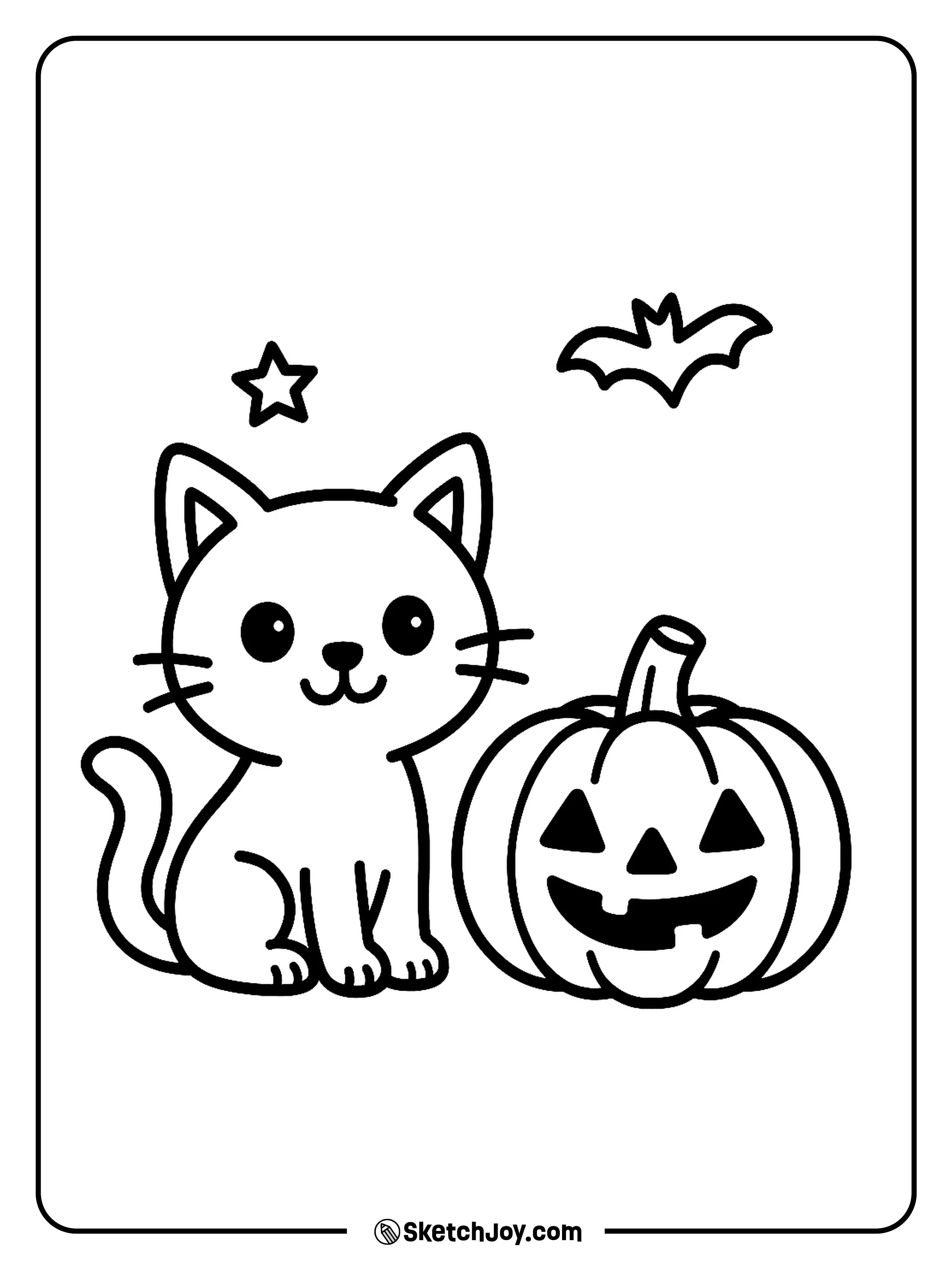 A cute black cat sits beside a small pumpkin with a gentle grin.