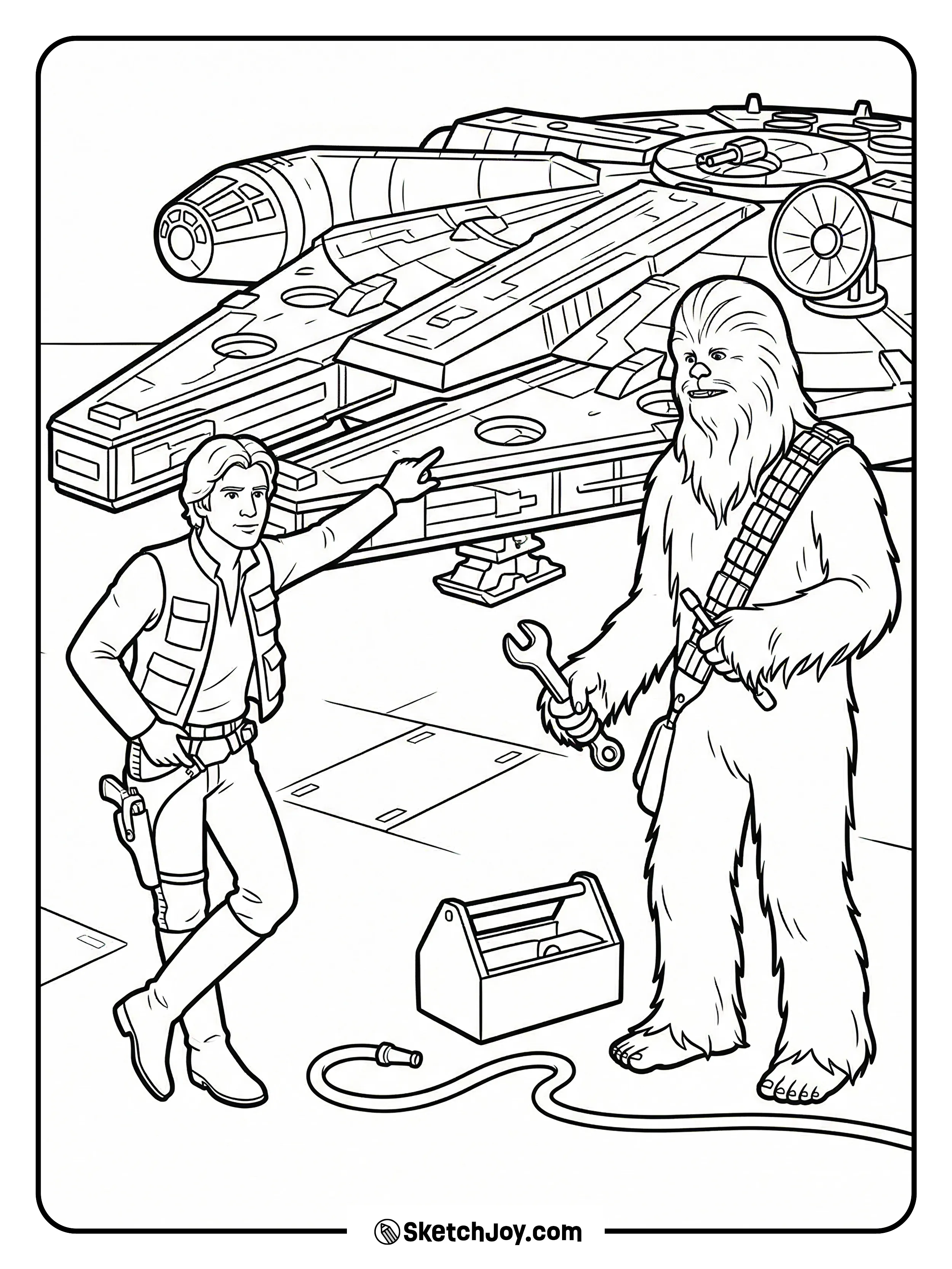 Han points while Chewie holds a tool by the ship.