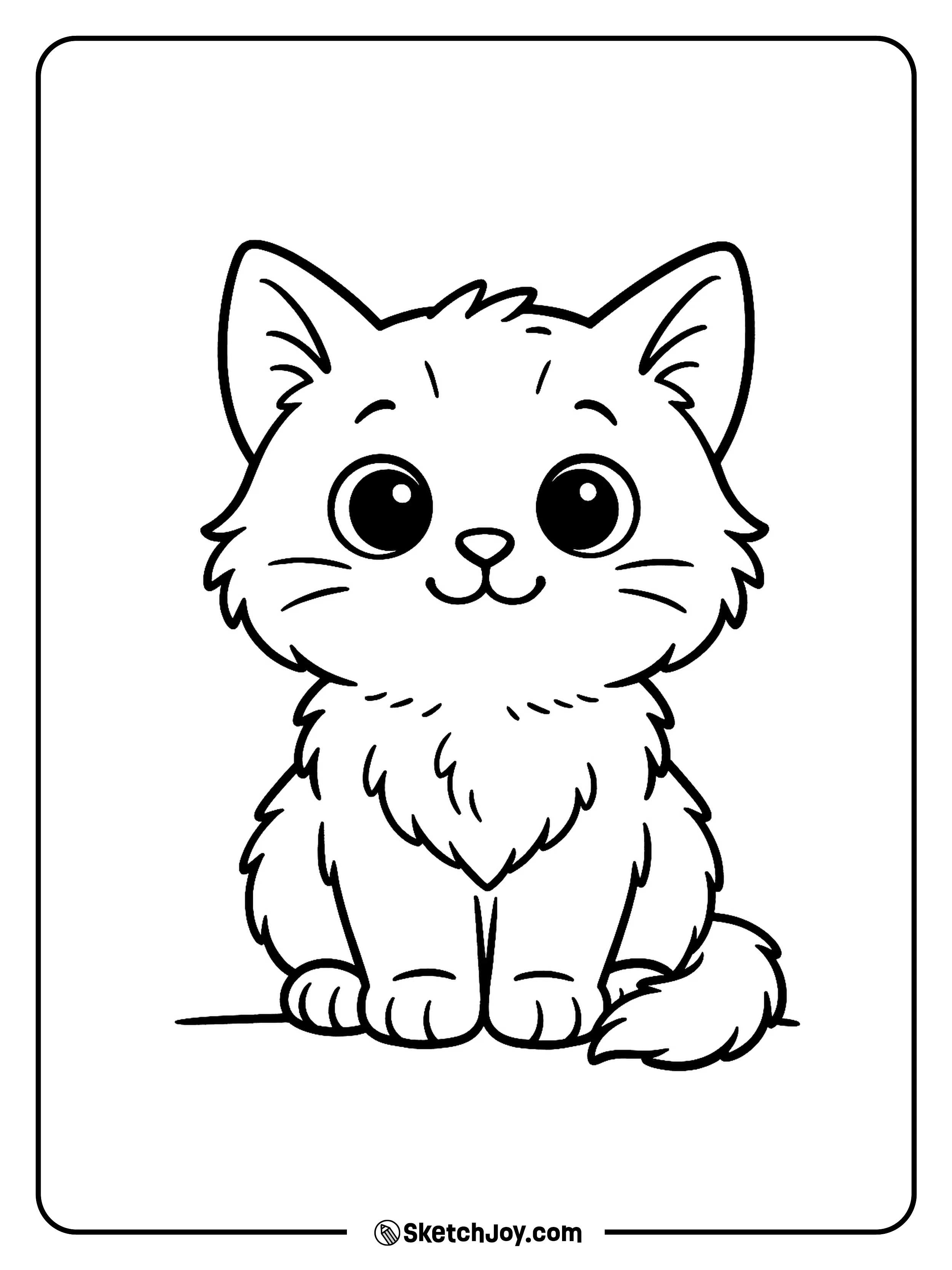 A small fluffy kitten sits upright with big round eyes and a soft smile.