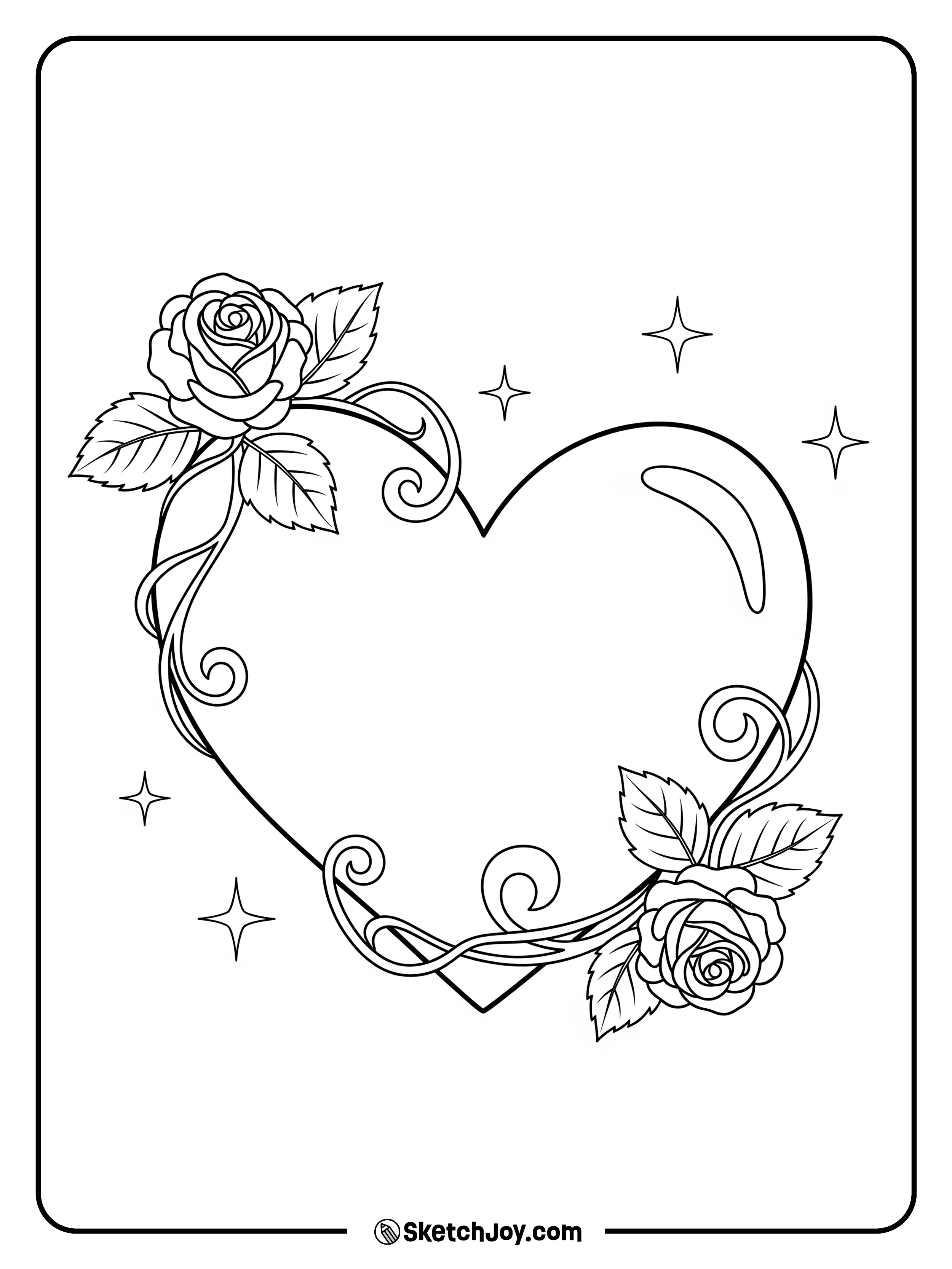 Two roses curl around a heart shape.