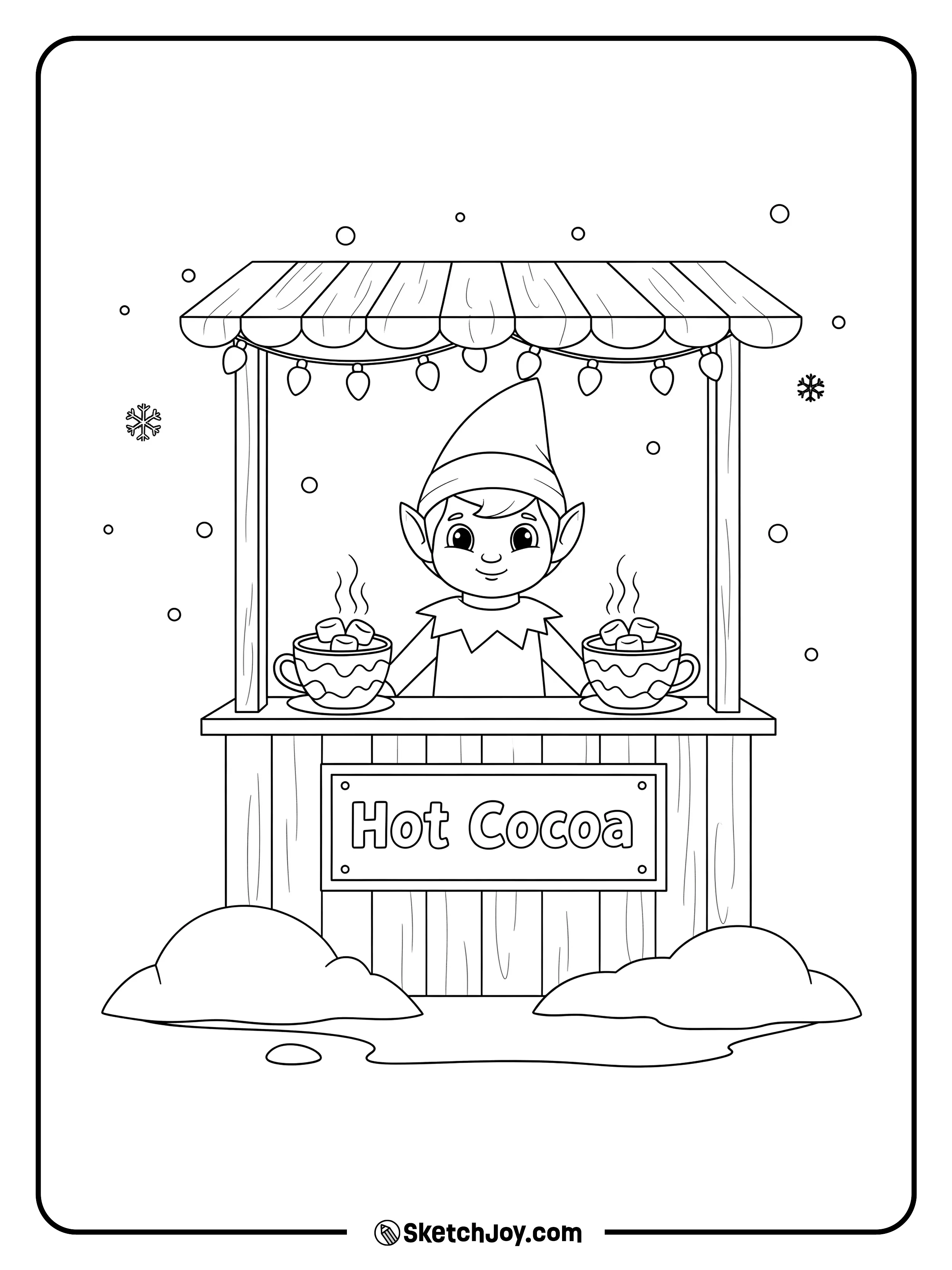 The elf serves cocoa with whipped cream and a smile.