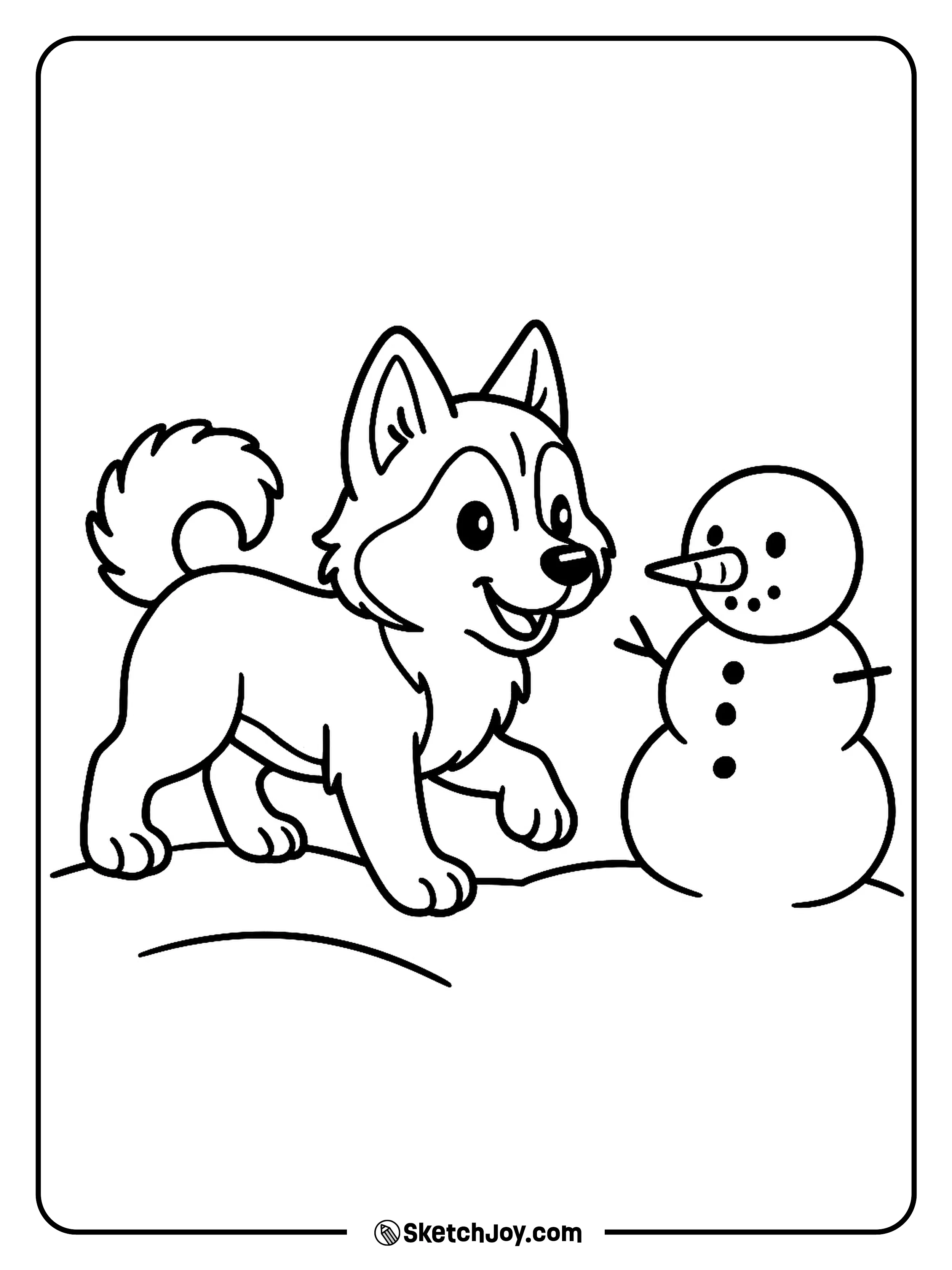 A fluffy husky pup plays near a snowman in soft snow.