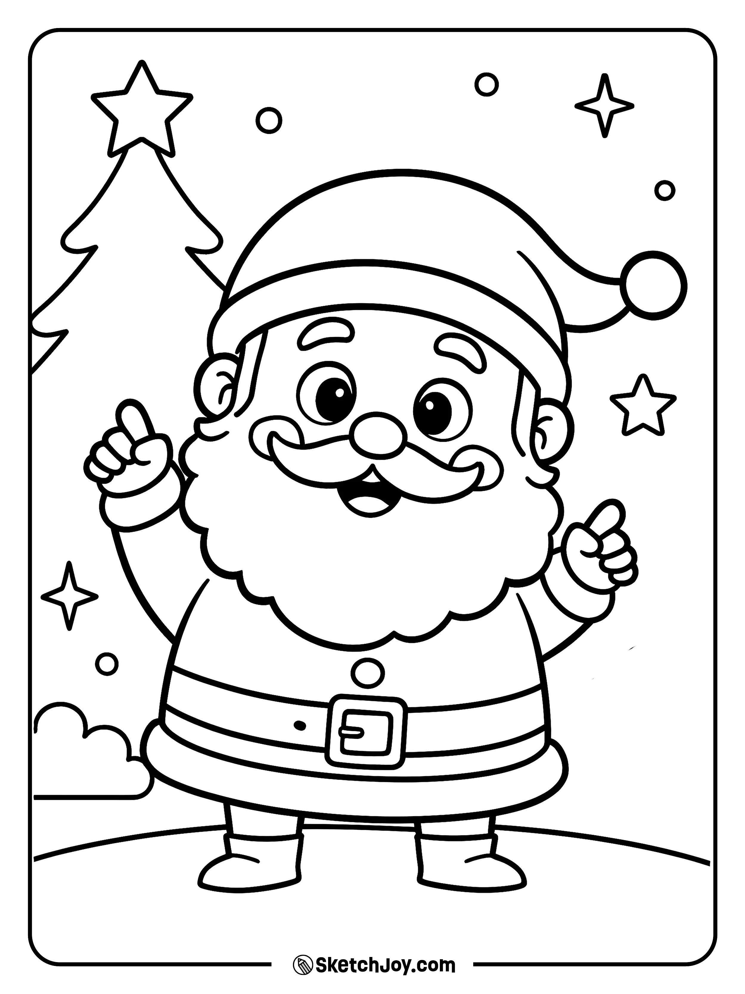 Santa smiles and points up with stars in the sky.