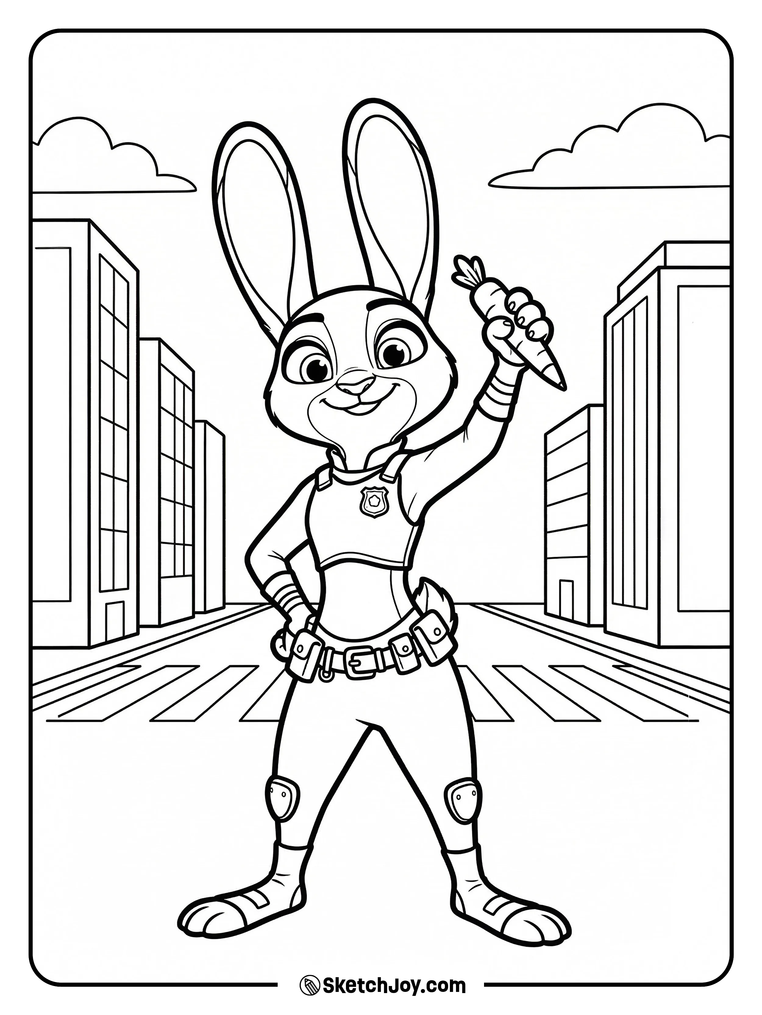 Judy stands tall in her police uniform, smiling and holding her carrot pen, ready for a busy day in Zootopia.