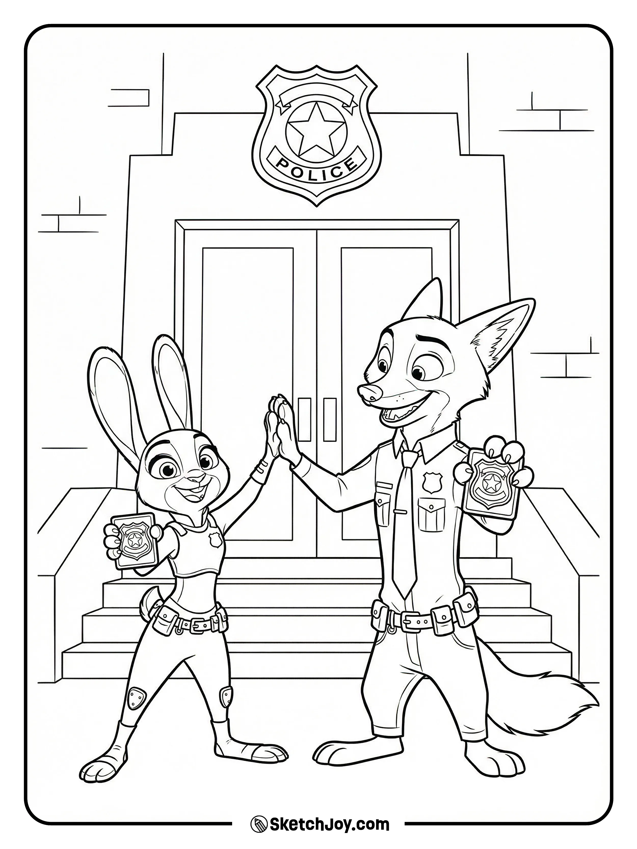 Judy and Nick raise their badges and high-five in front of the station doors.