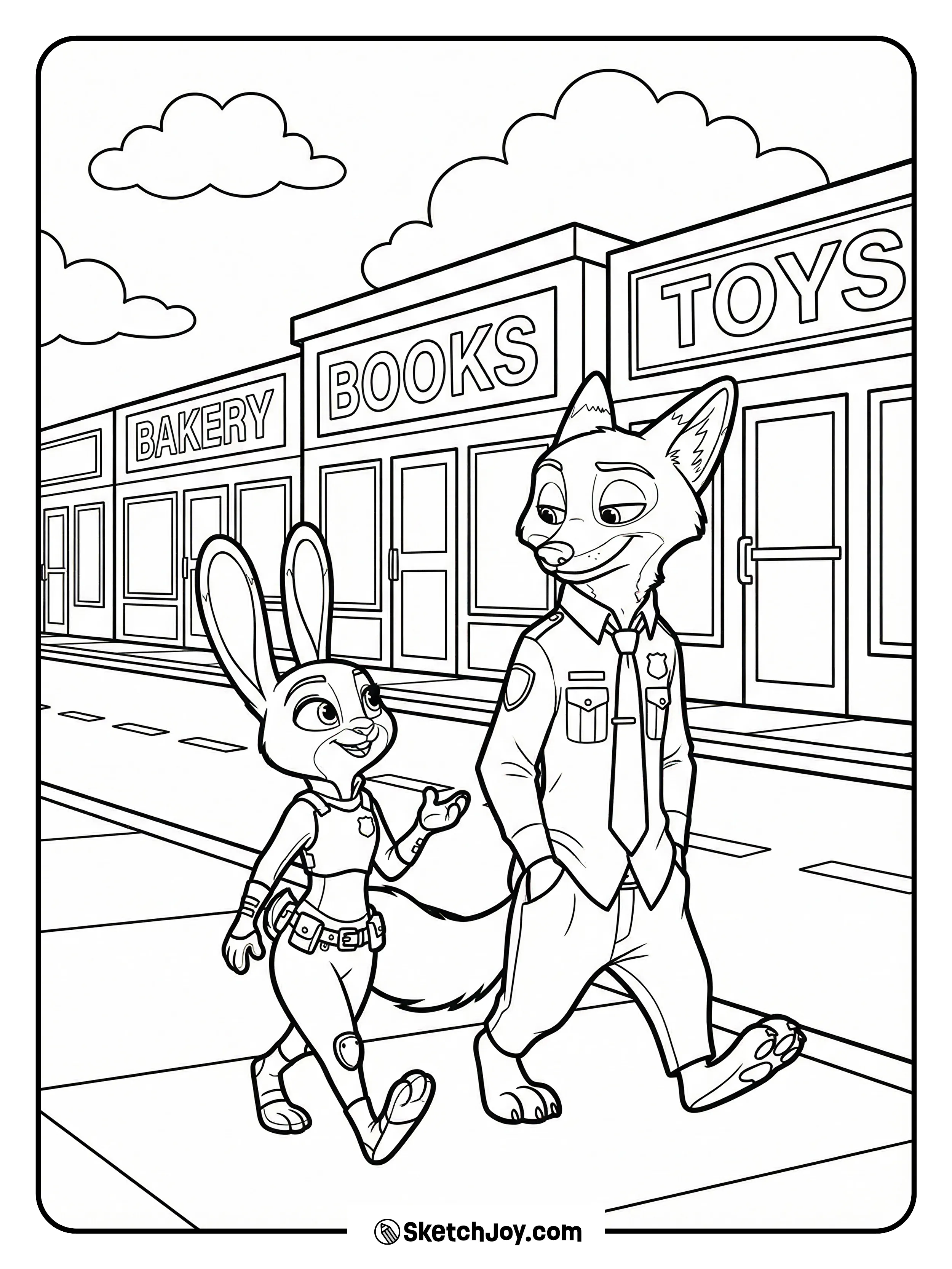 Judy and Nick walk side by side on patrol, chatting as they pass simple city shops.