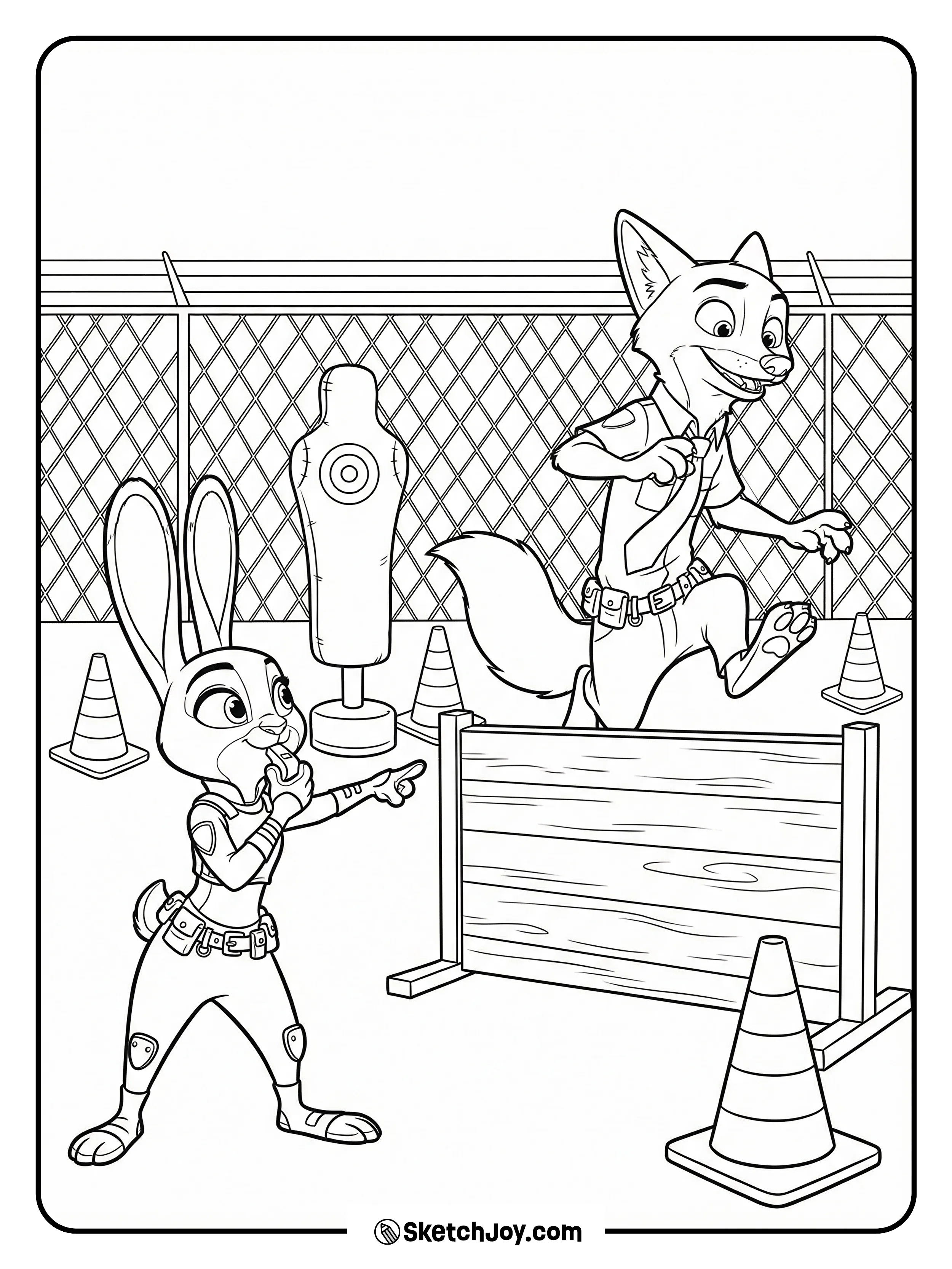 Judy coaches Nick at a simple obstacle course with cones and low walls.