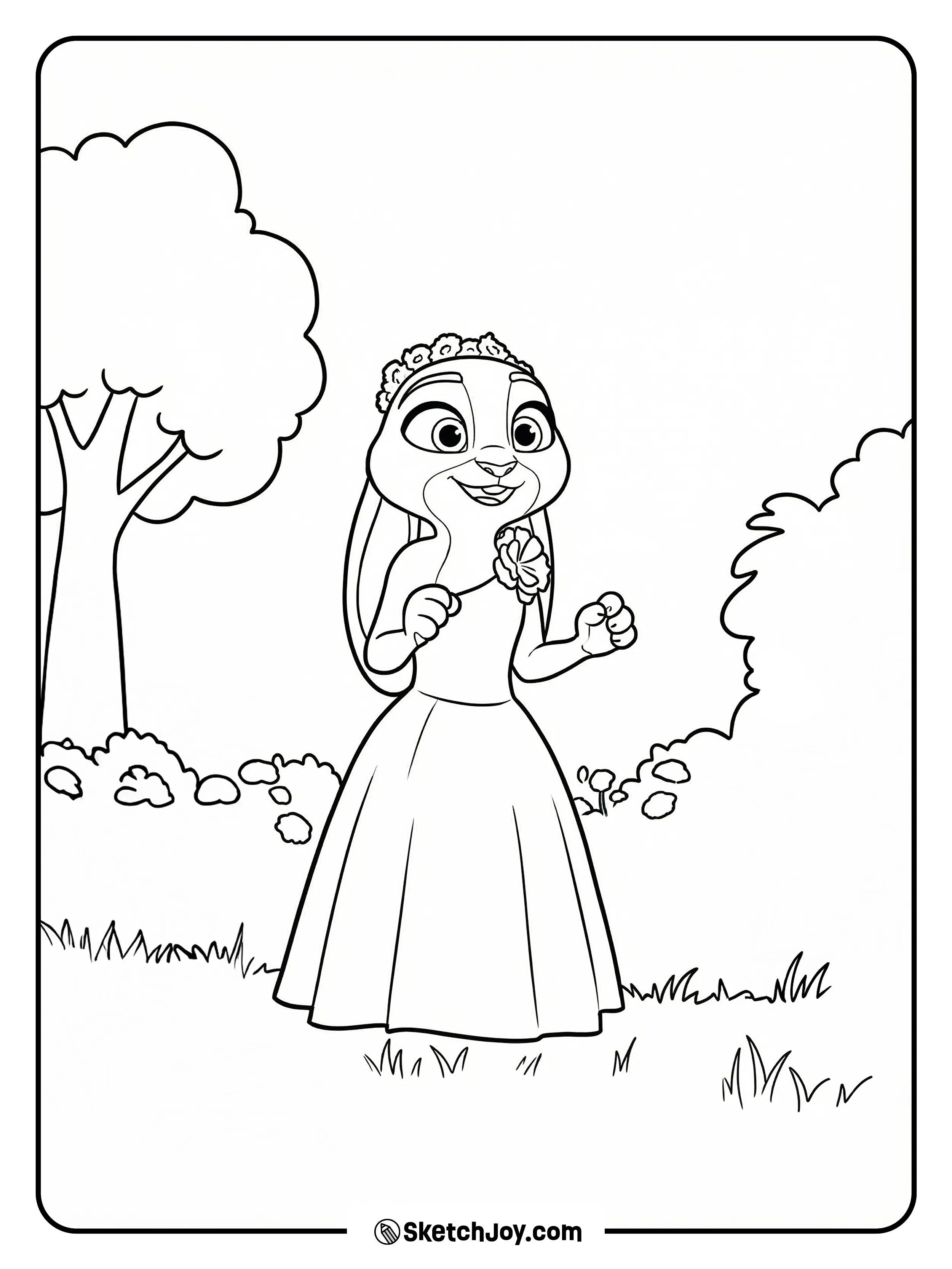 Judy wears a flower dress and crown while standing in a small garden with bushes and a tree.