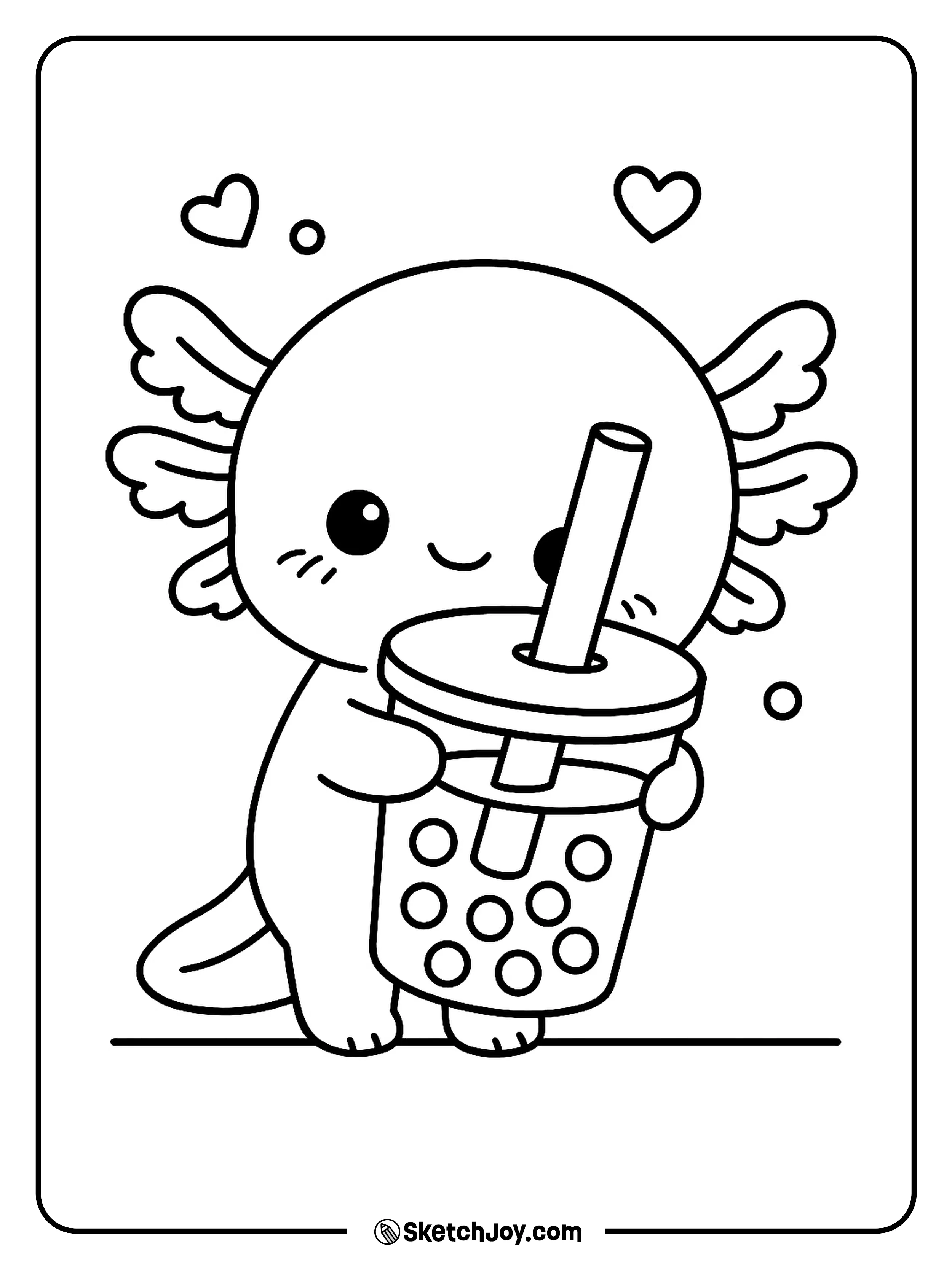 A happy axolotl hugs a big cup of bubble tea with a big smile.