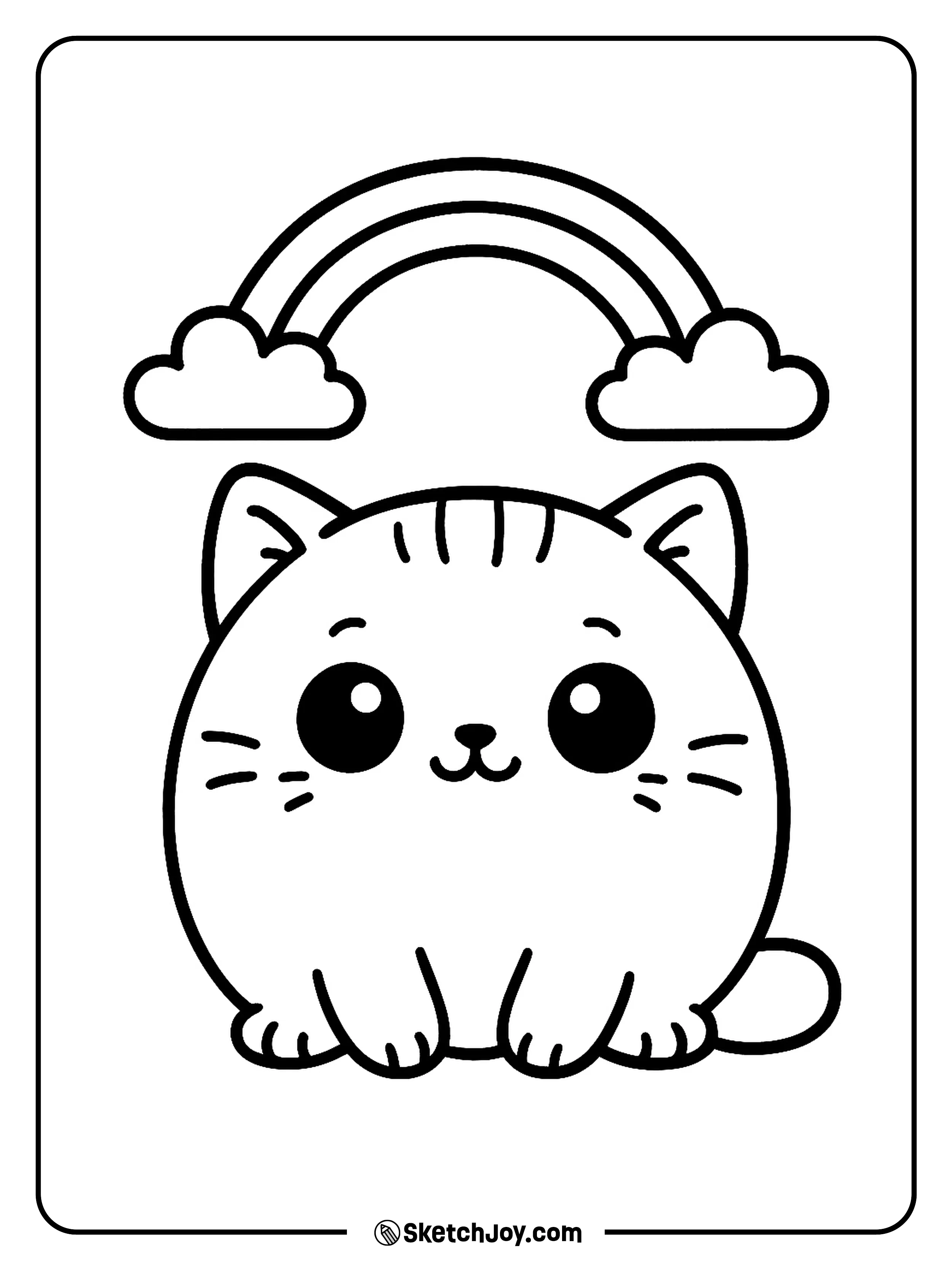A kawaii style cat sits under a short rainbow with a sweet smile.