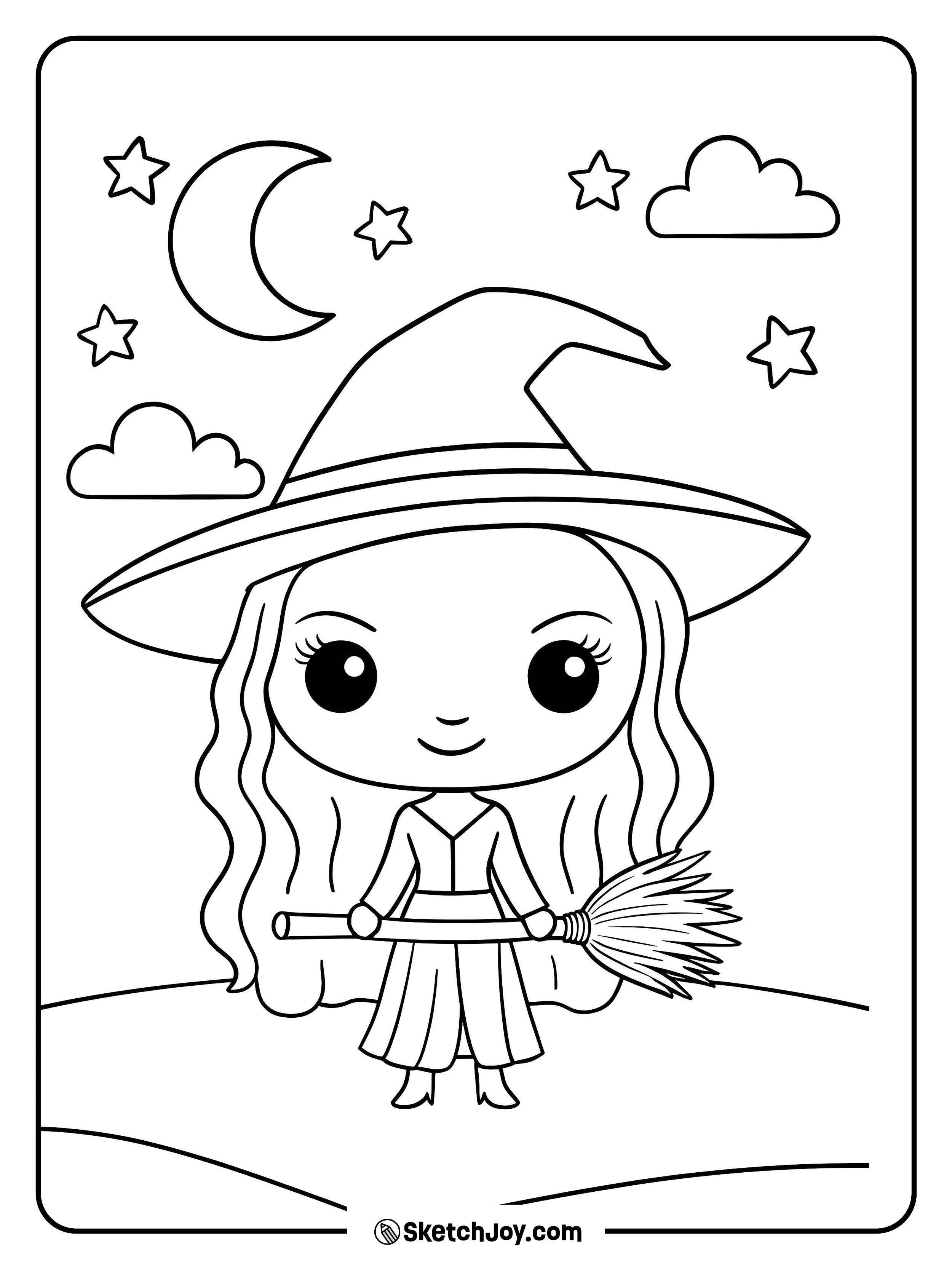 A cute chibi Elphaba smiles under the moon and stars.