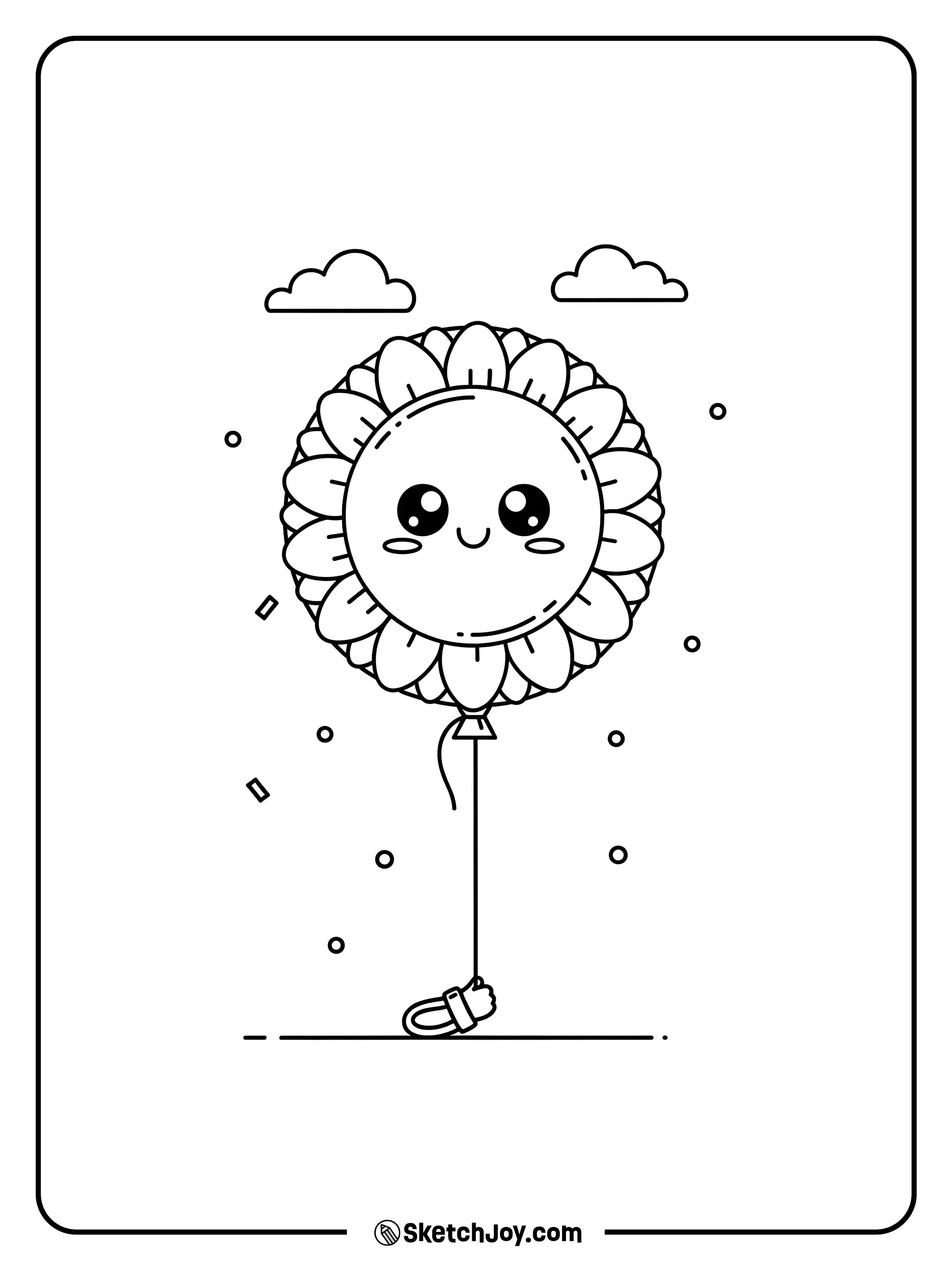 A sunflower-shaped balloon floats on a string.