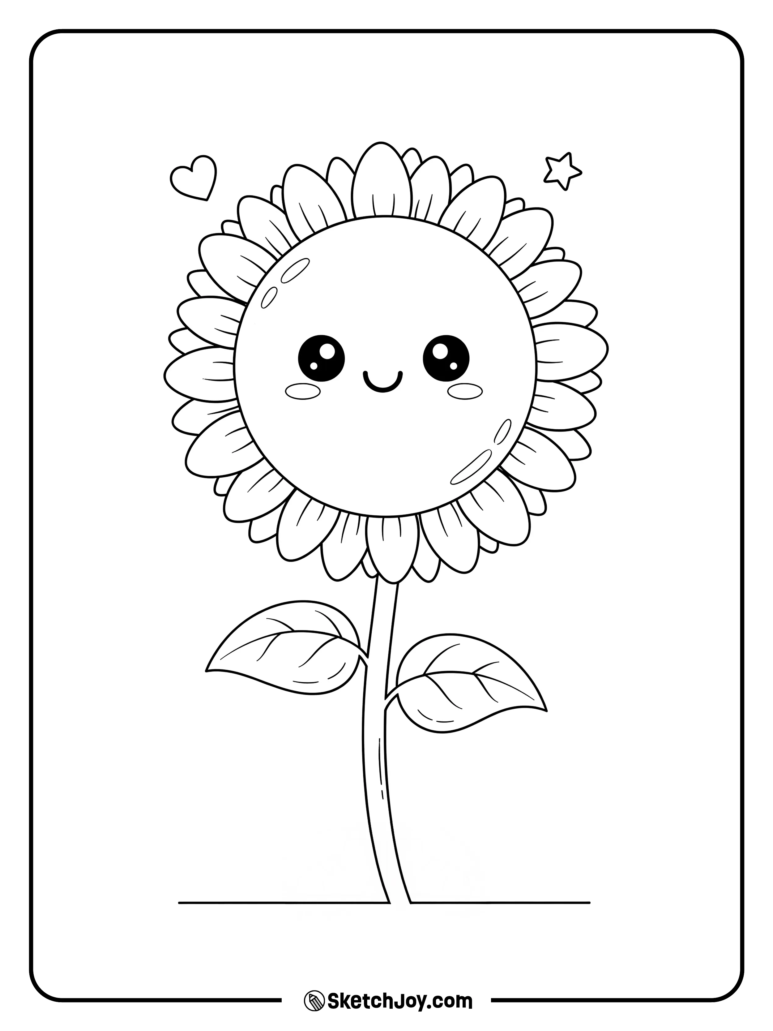A smiling sunflower with big eyes stands on short legs.