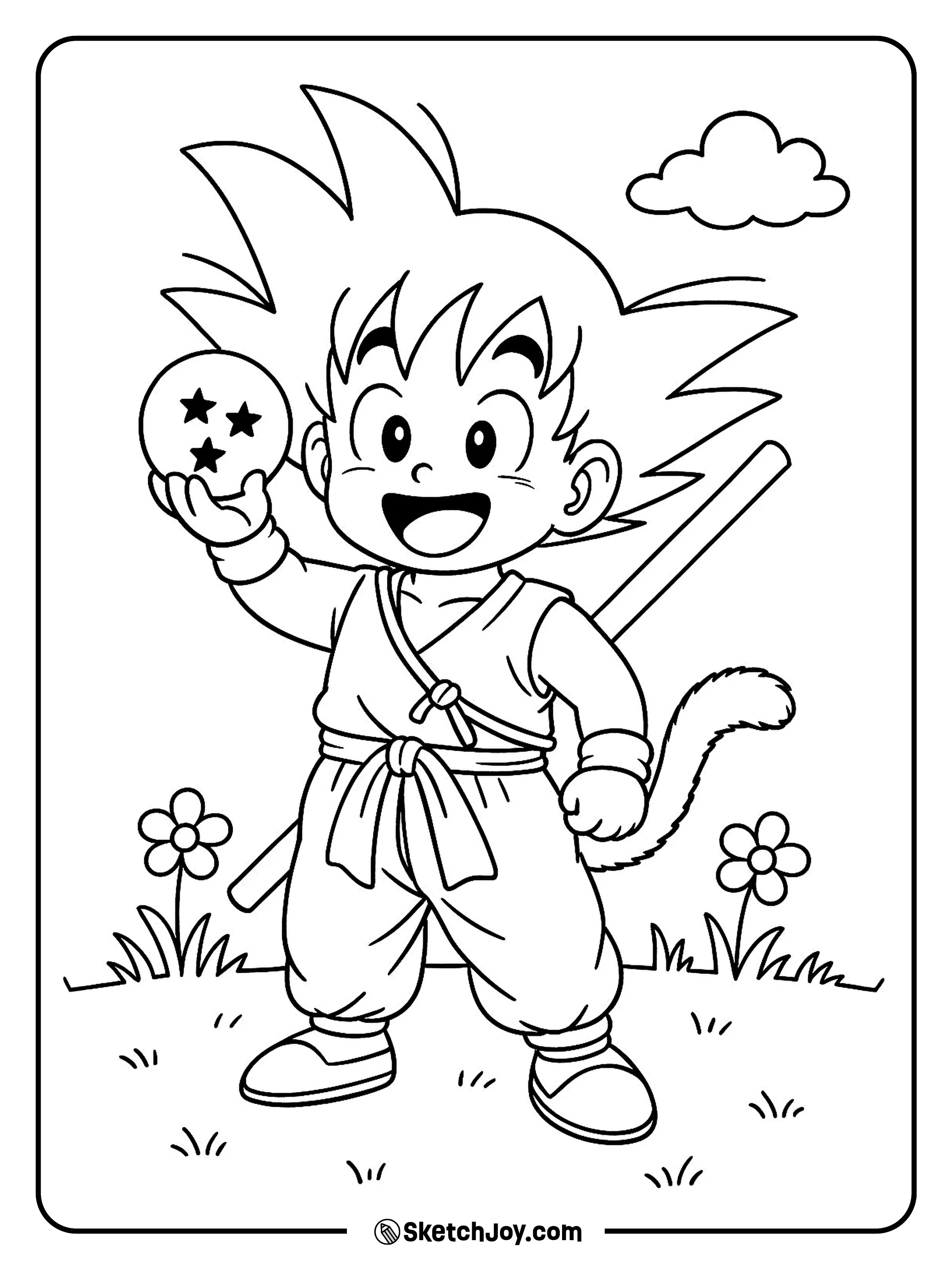 Kid Goku smiles while lifting a star ball in one hand.