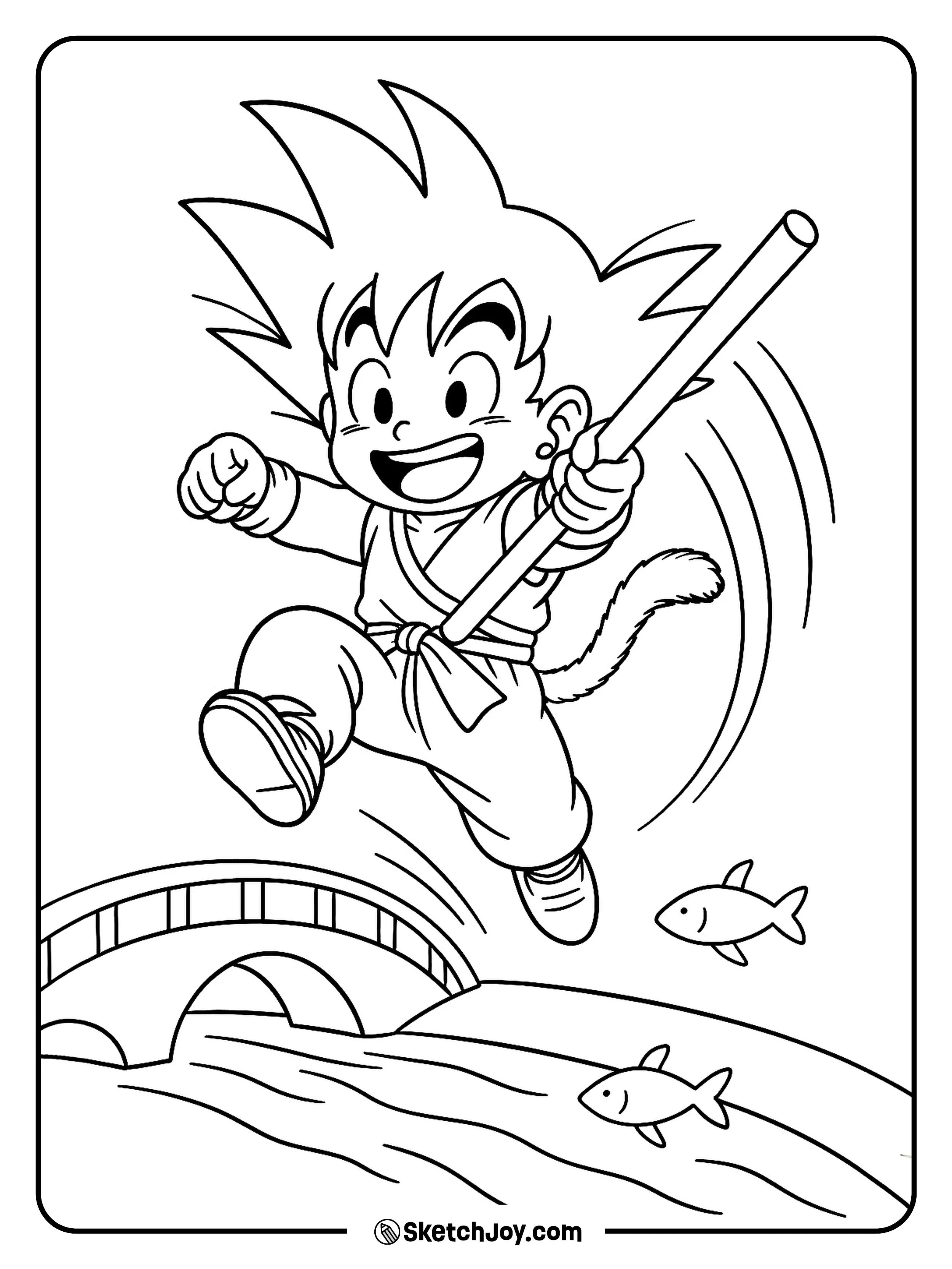 Kid Goku jumps forward with the Power Pole ready.