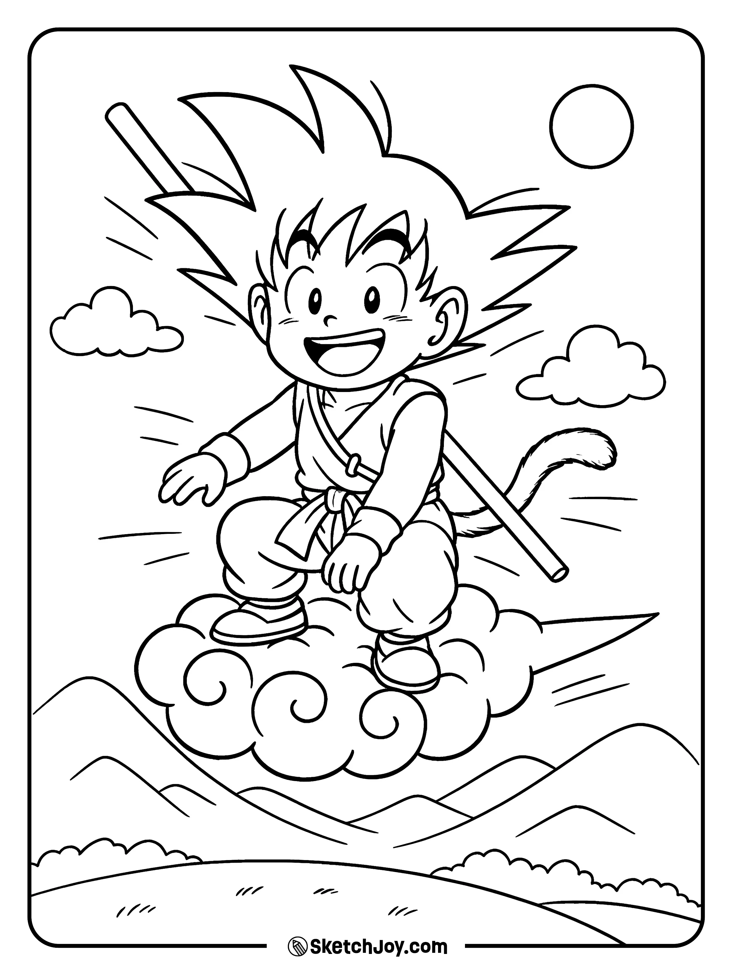 Kid Goku rides the Flying Nimbus over gentle hills and clouds.