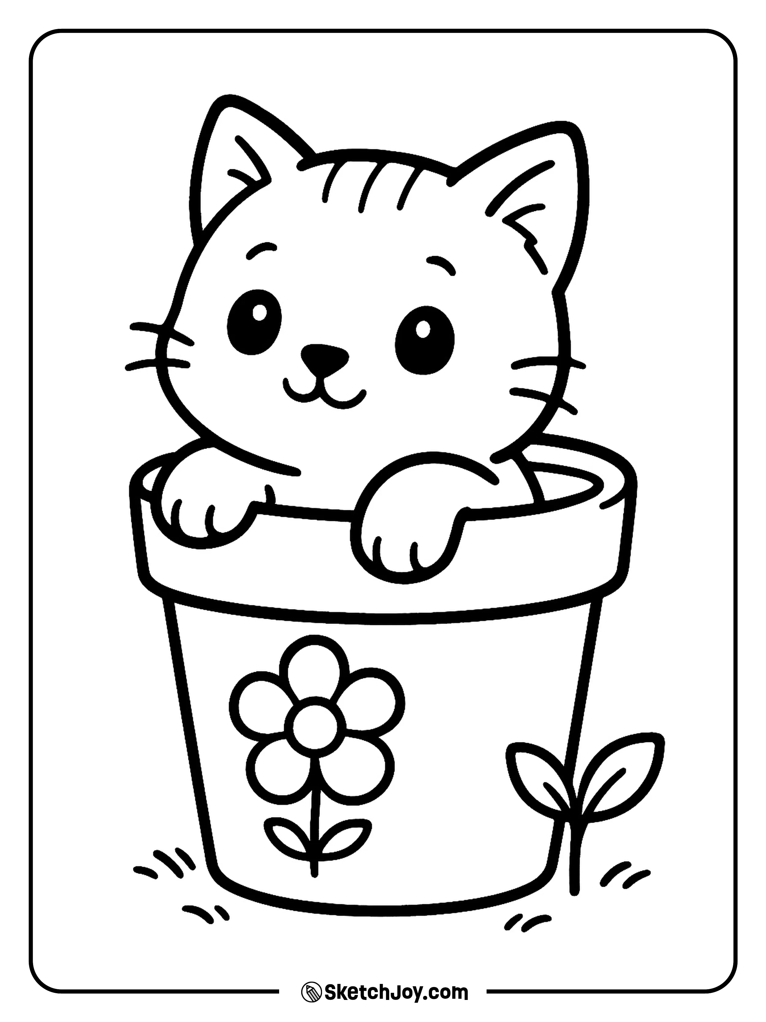 A little kitten peeks out of a simple flower pot with one paw.