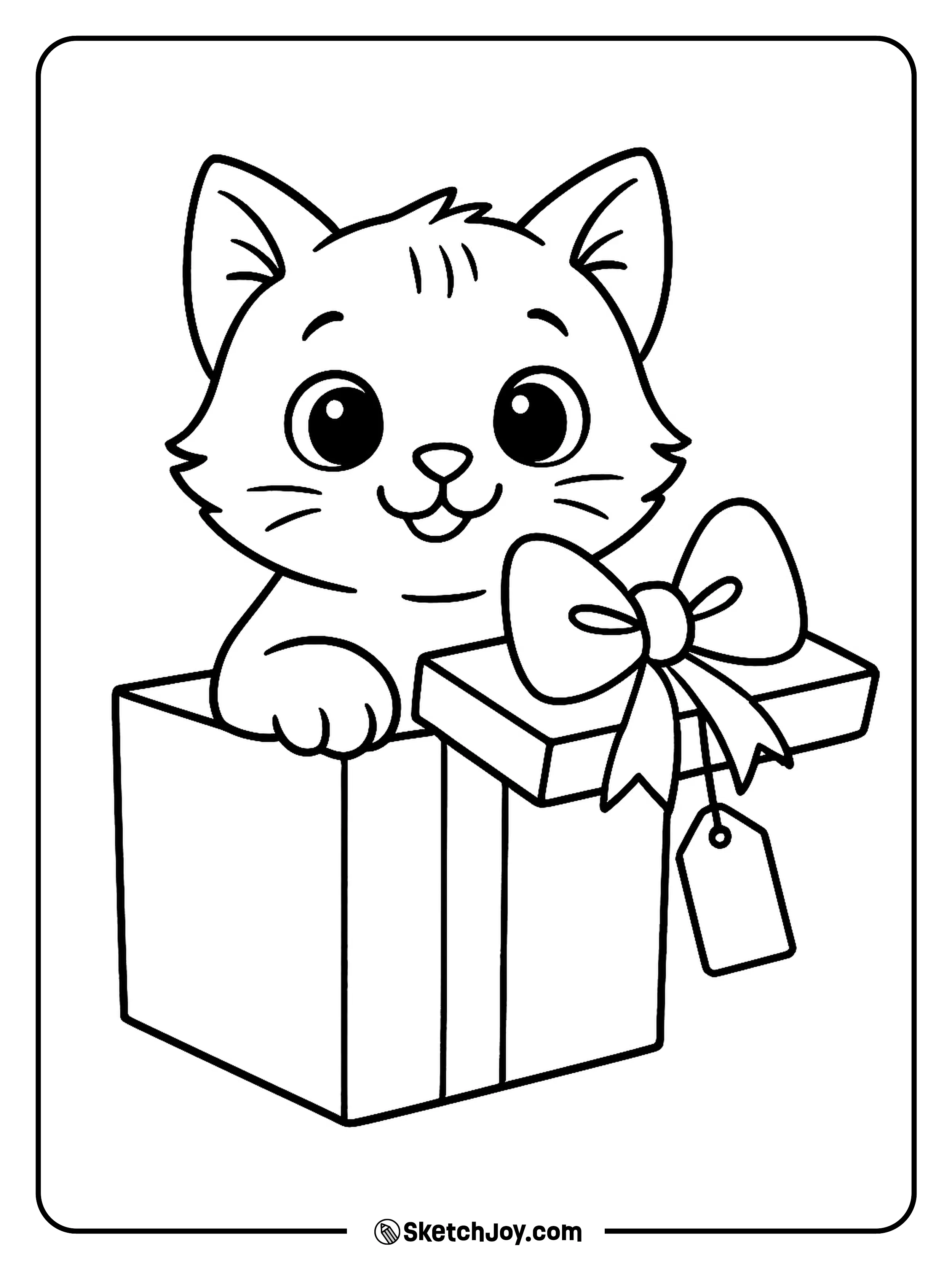 A happy kitten pops out of a gift box with a bow on top.