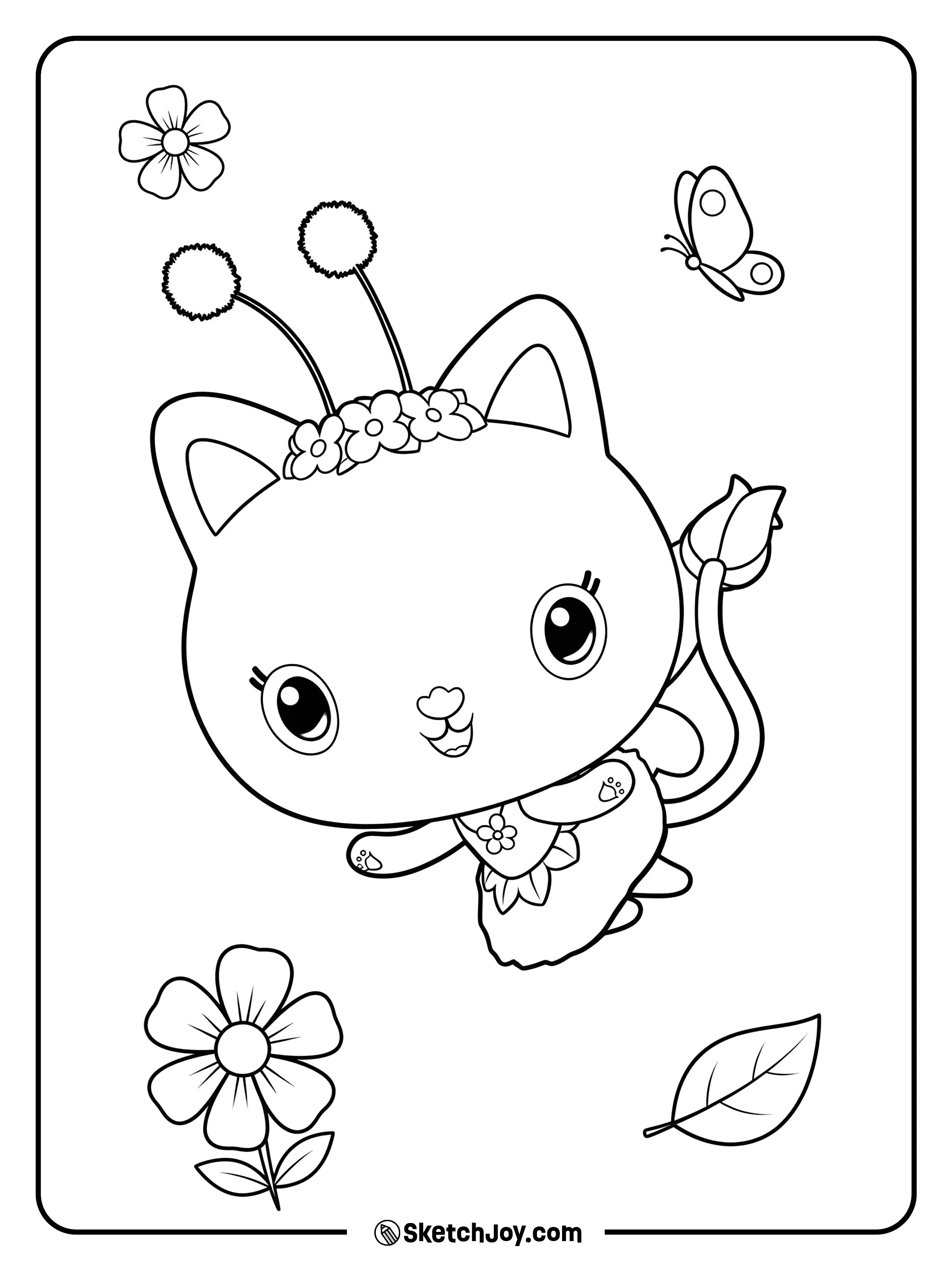 Kitty Fairy floats with a bright smile, flowers and a butterfly near her.