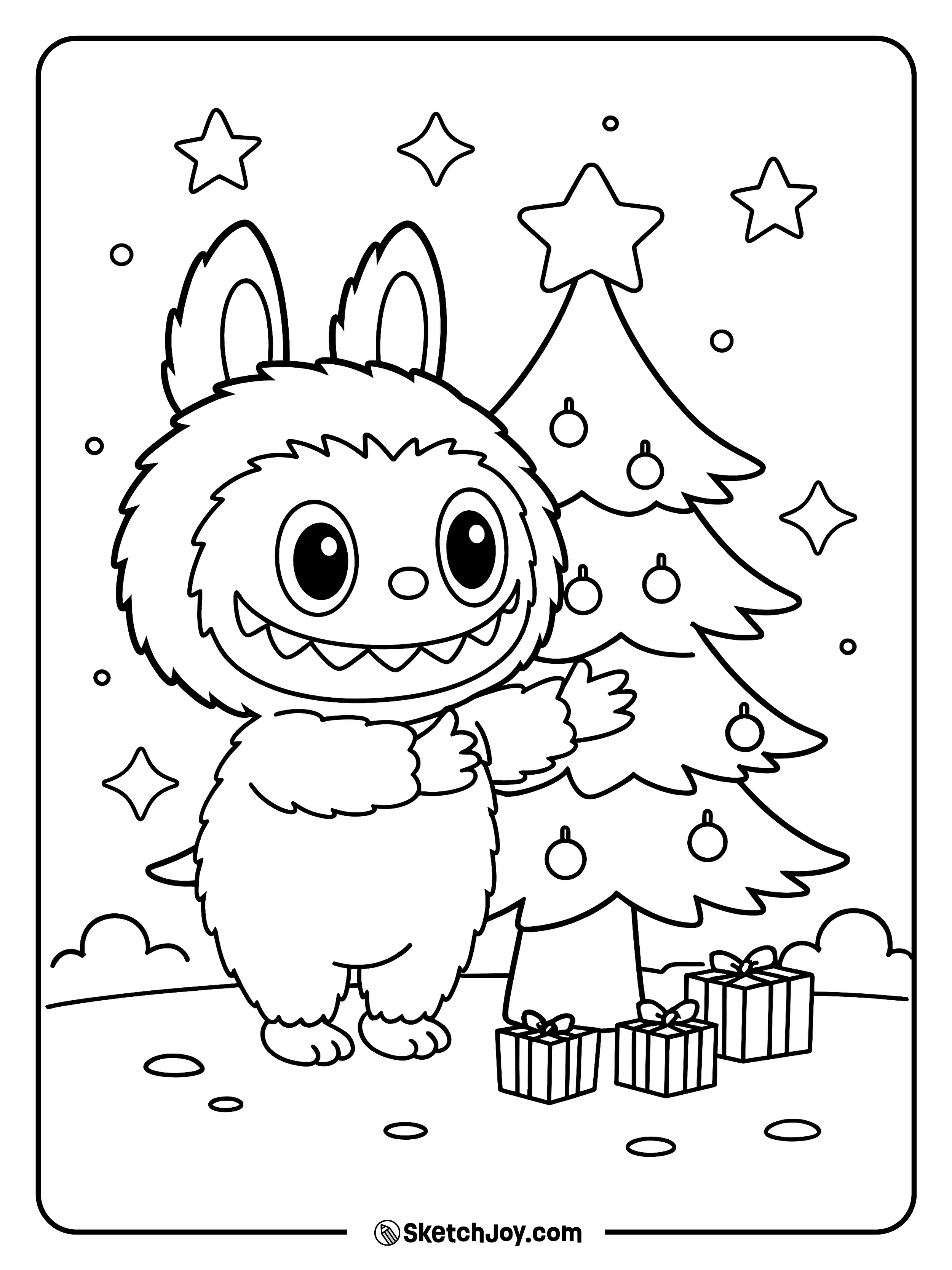 Labubu with a Christmas tree and gifts