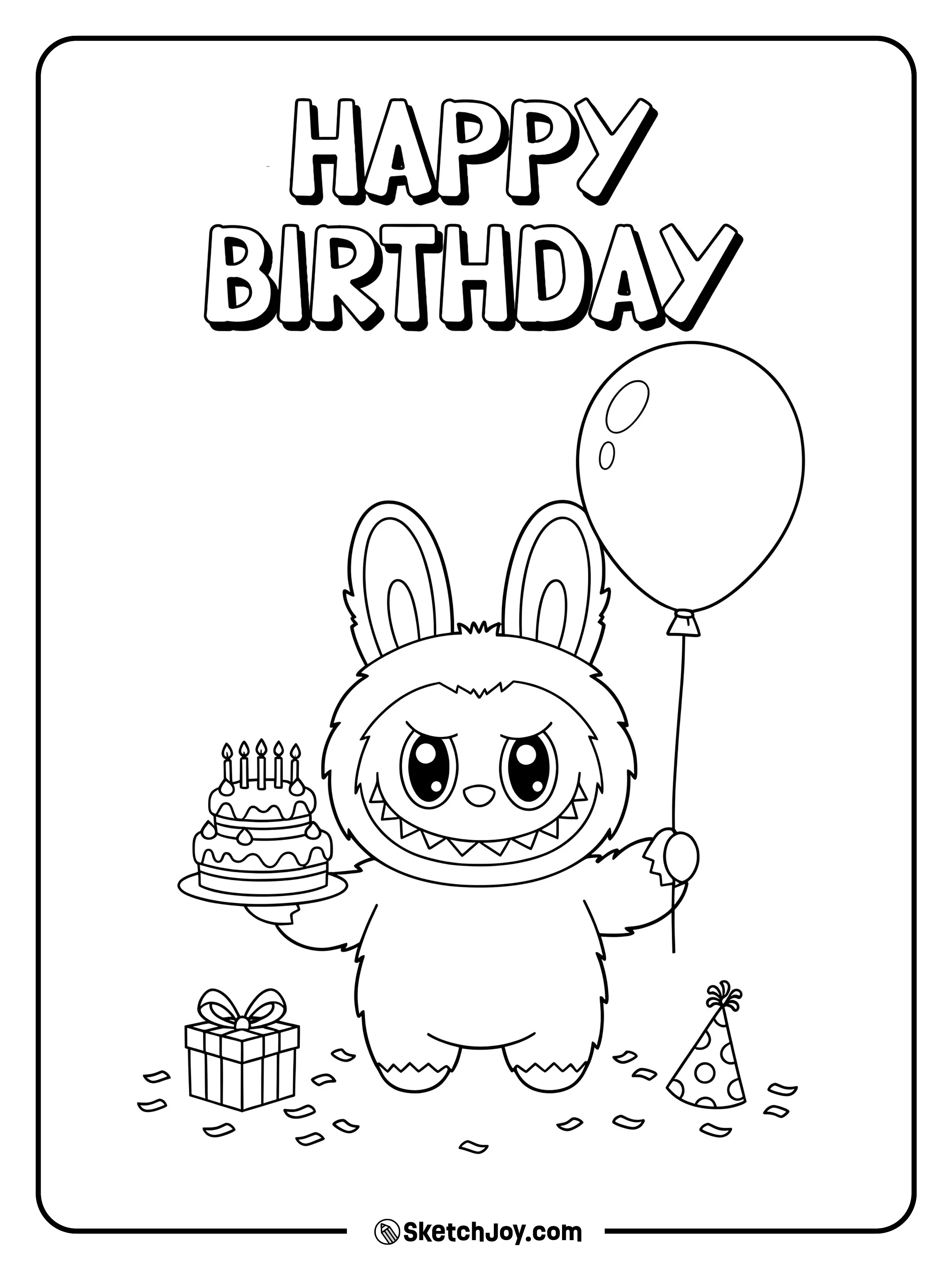 Labubu holds a cake and a balloon, ready to celebrate a fun birthday.