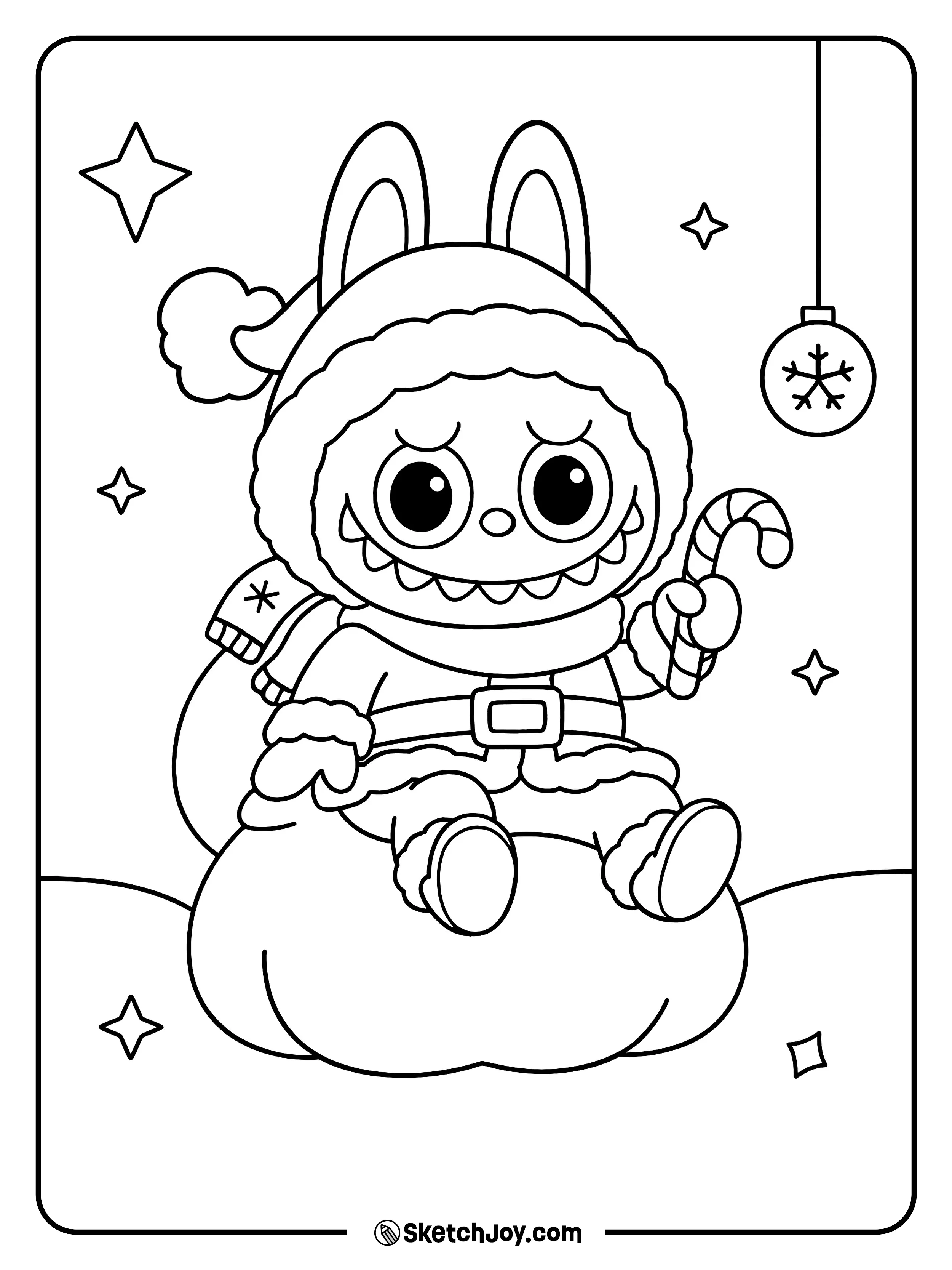 Labubu sits on a gift sack in a Santa coat, holding a candy cane on a calm Christmas night.