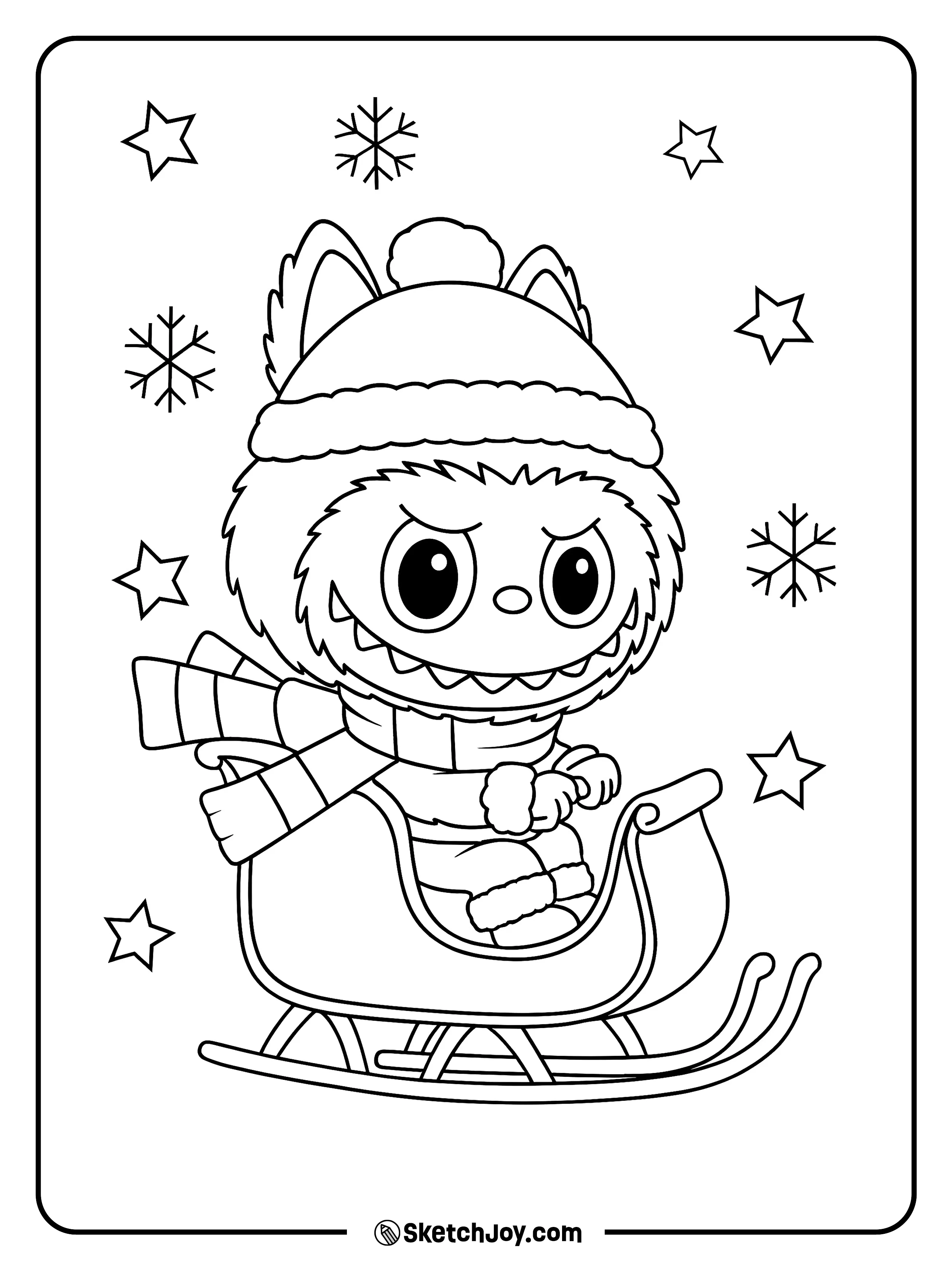 Labubu rides a sleigh through falling snow, snug in a hat and scarf.