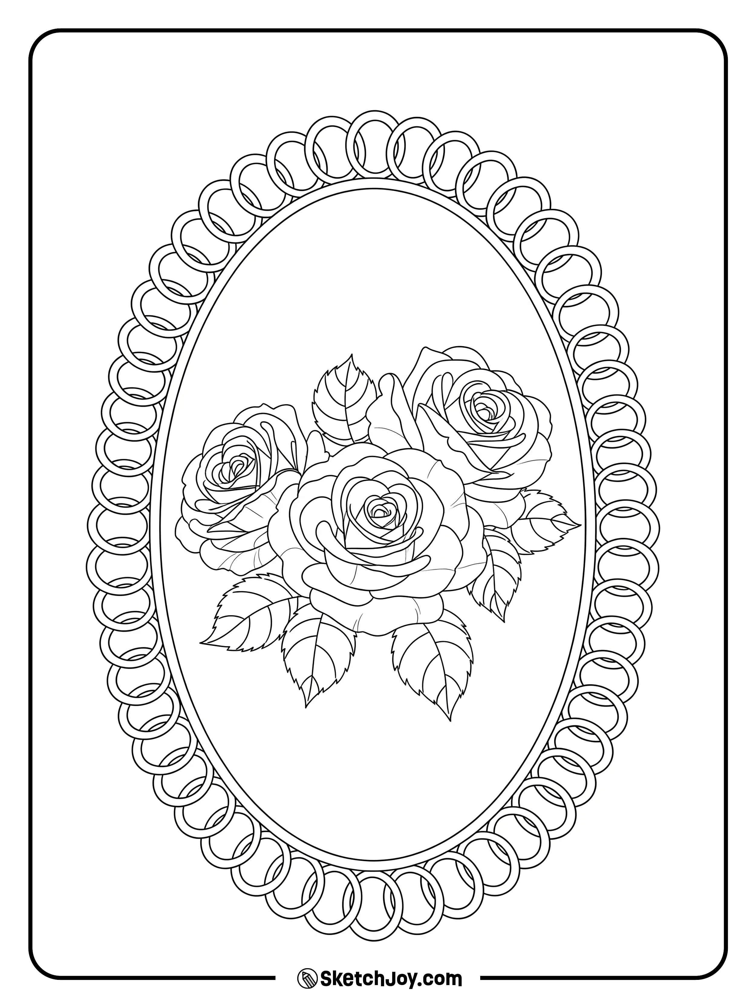 A rose spray sits inside a lace oval.