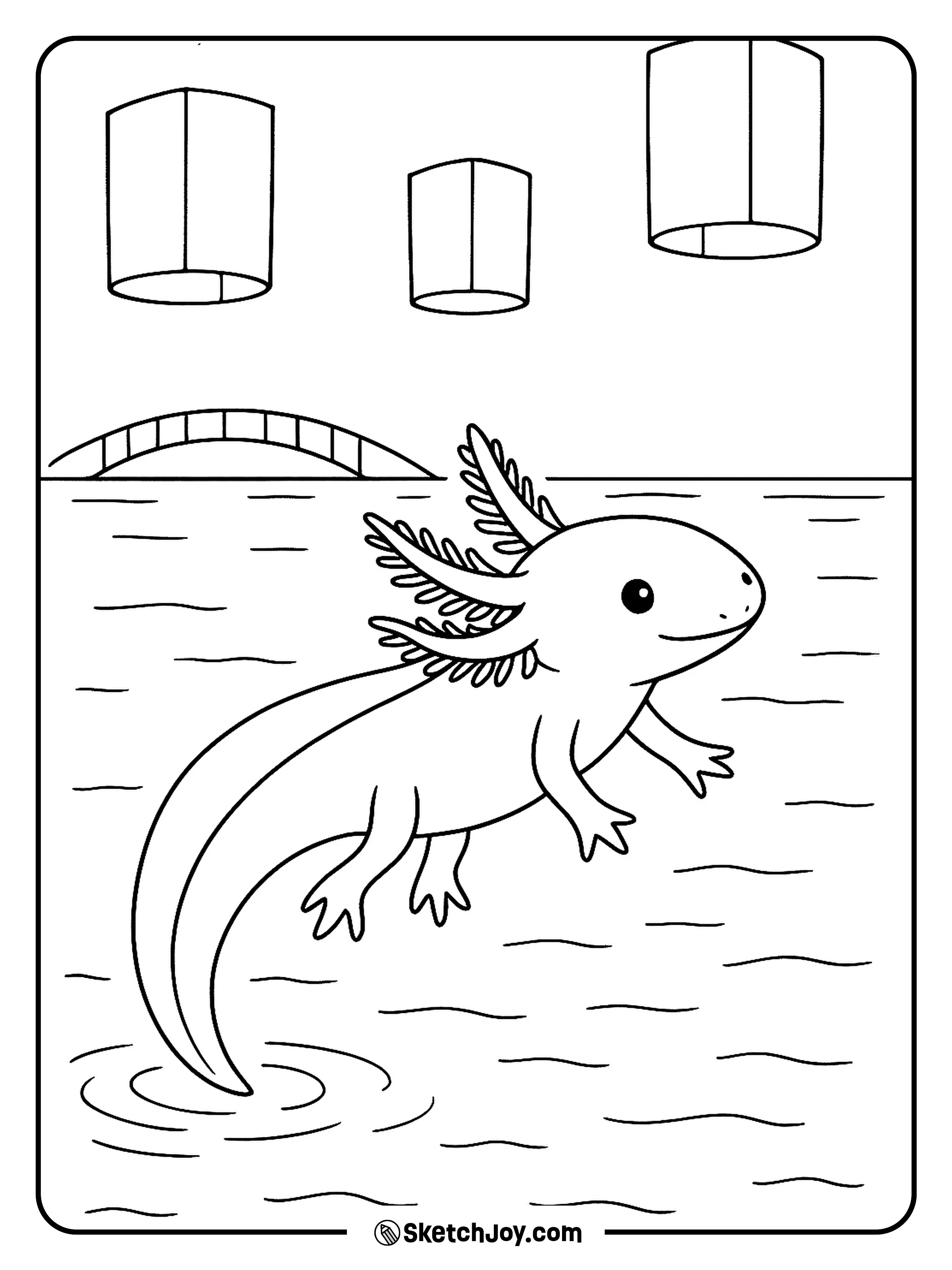 An axolotl swims under floating paper lanterns at dusk.