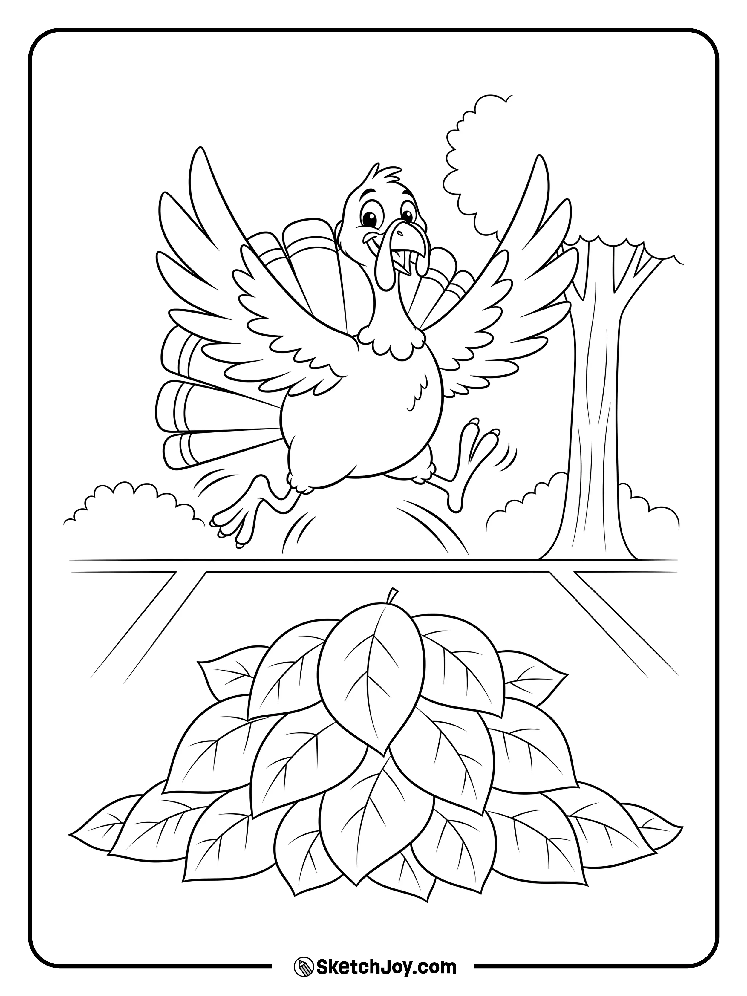 A playful turkey jumps into a big leaf pile.